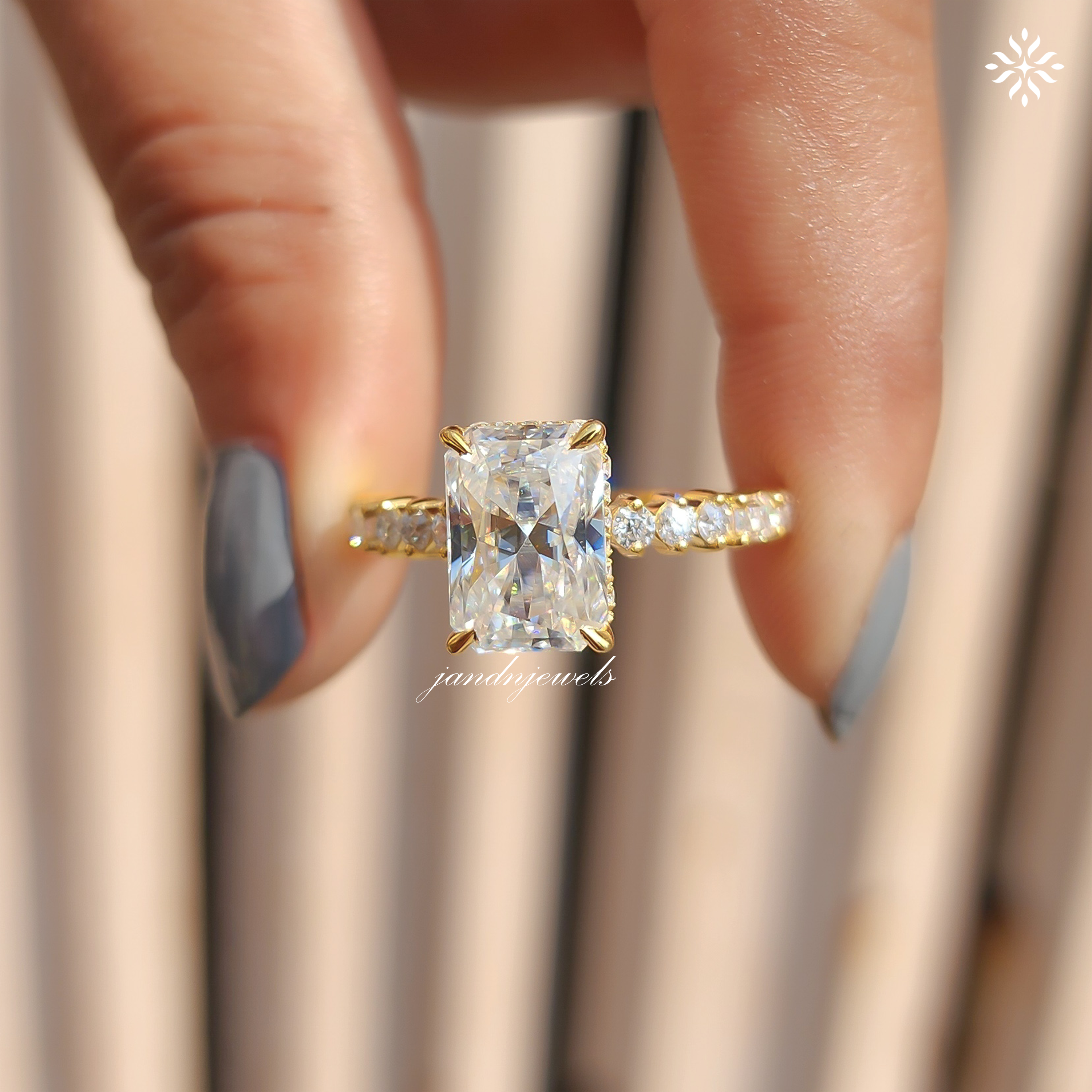 Radiant Cut Moissanite Engagement Ring Hidden Halo Radiant Cut Ring Baguette Band