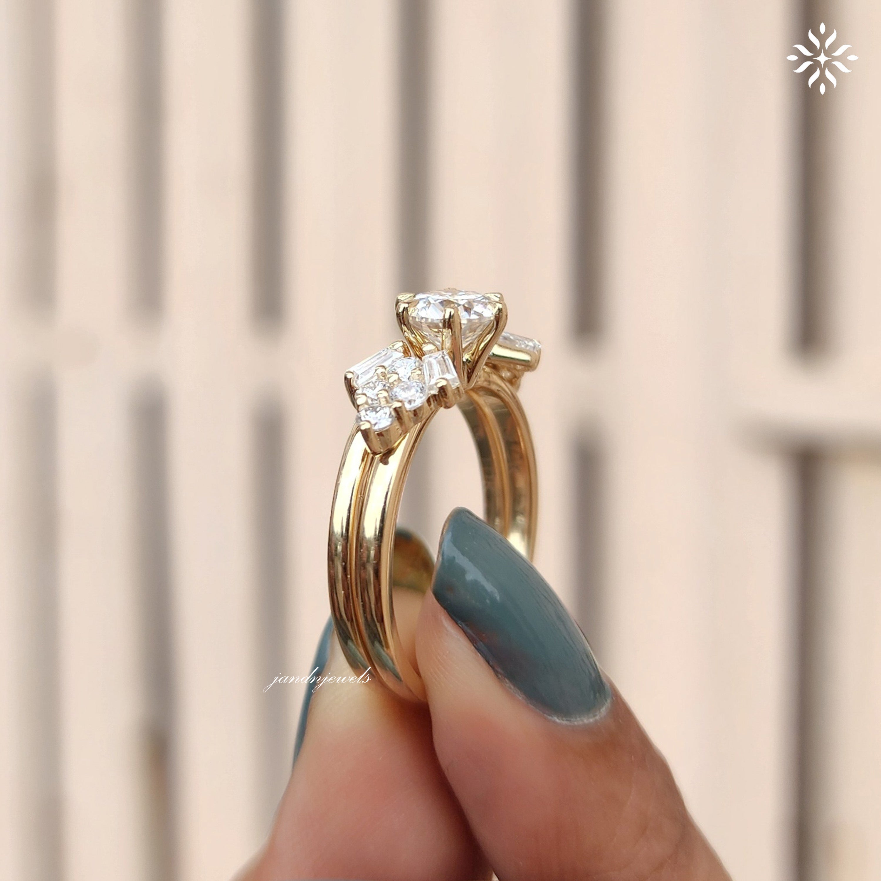 1.5CT Round Cut Moissanite Engagement Ring Baguette & Round Cut Diamond Cluster Ring 14K Solid Gold Wedding Ring Anniversary Gift for Her