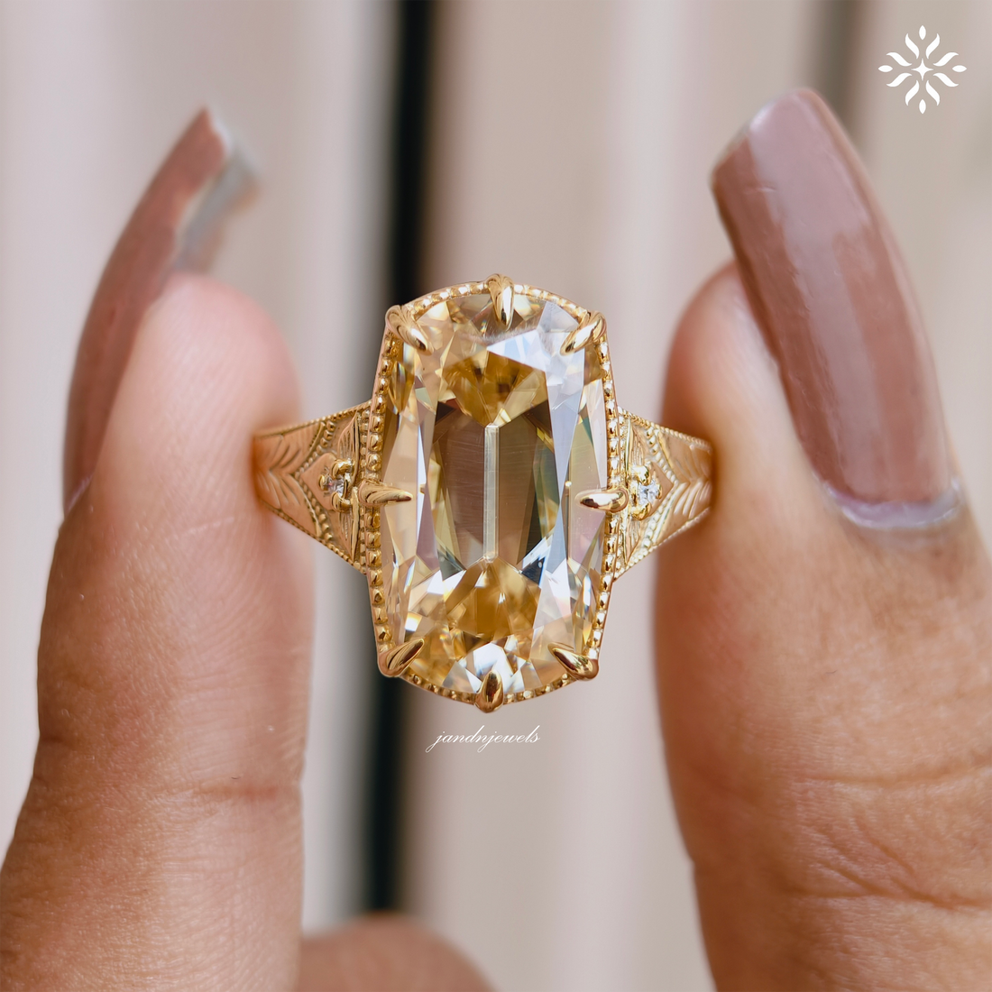 7CT Old Main Yellow Cushion Cut Moissanite Engagement Ring Vintage Inspired Handmade Engraved Art Deco Ring Antique Diamond Ring for Her
