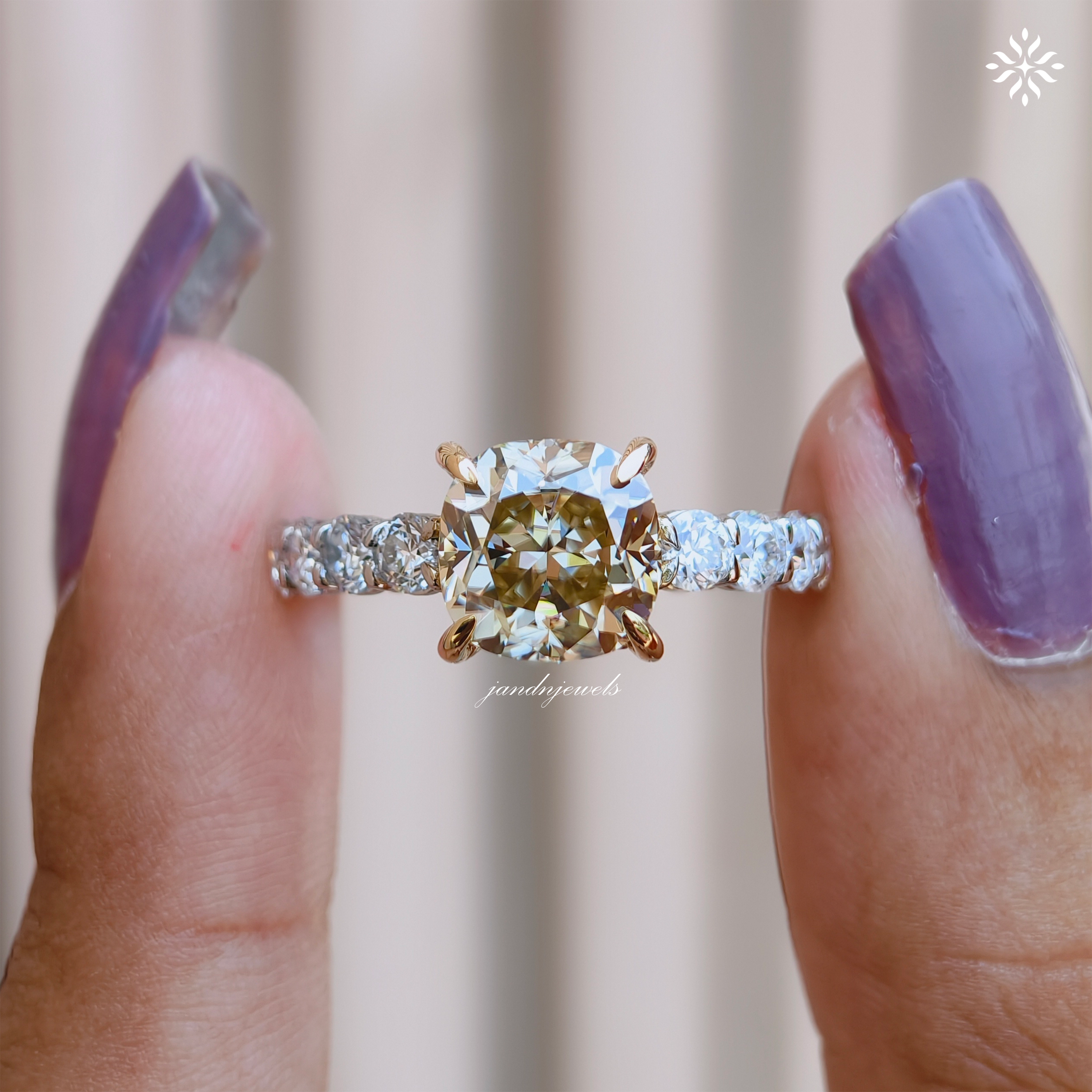 Fancy Intense Yellow Cushion Cut Lab Grown Diamond Engagement Ring Two Tone Ring Hidden Halo Ring Cathedral Setting Ring