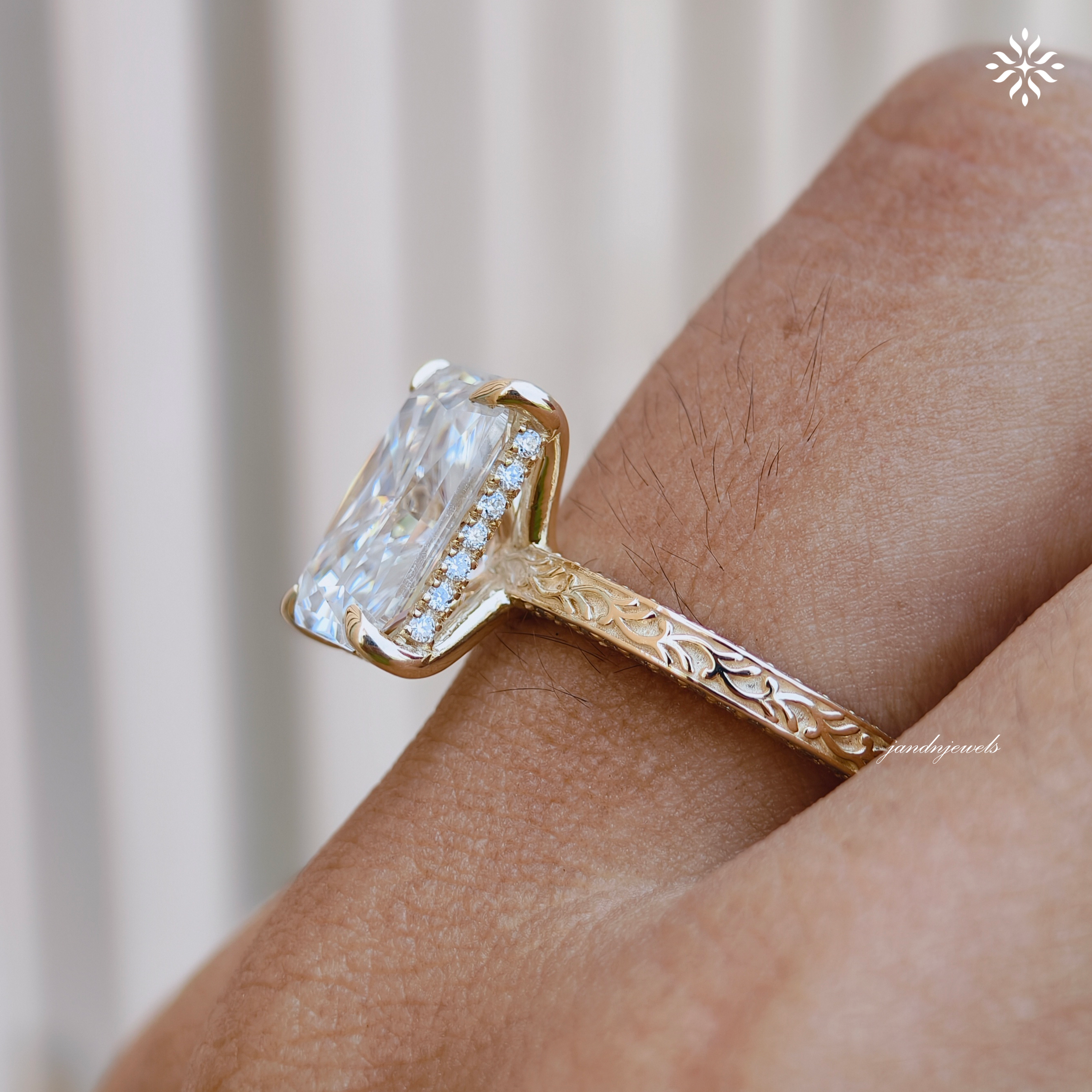 4CT Radiant Cut Moissanite Ring, Solid Yellow Gold Radiant Cut Solitaire Ring, Engraved Wedding Ring, 4 Prongs Anniversary Ring for Women