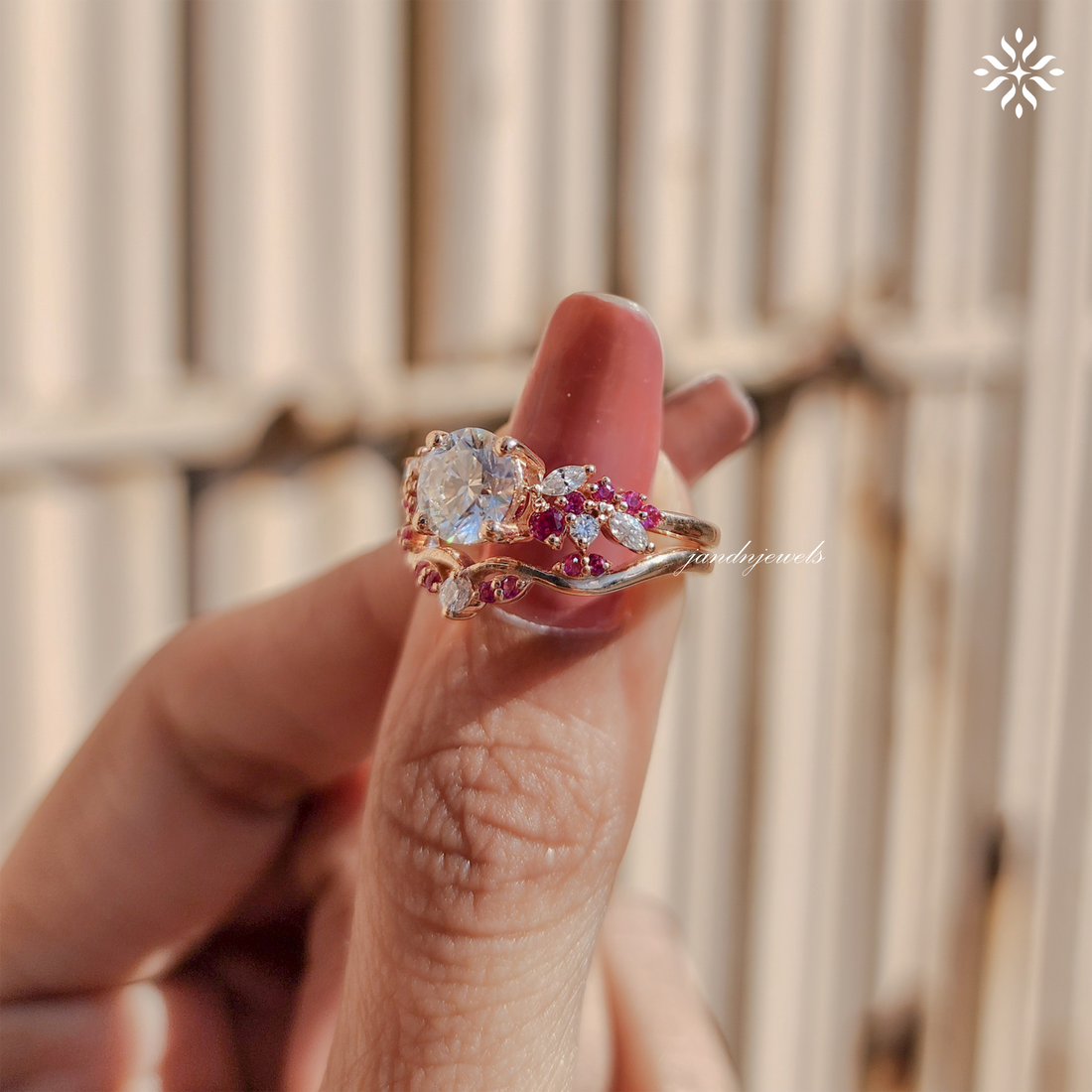 Round Cut Moissanite Engagement Ring Set lab Pink Sapphire Diamond Ring Vintage Rose Gold Bridal Ring Set Amethyst wedding Art Deco Ring Everbee logo Analyze listing