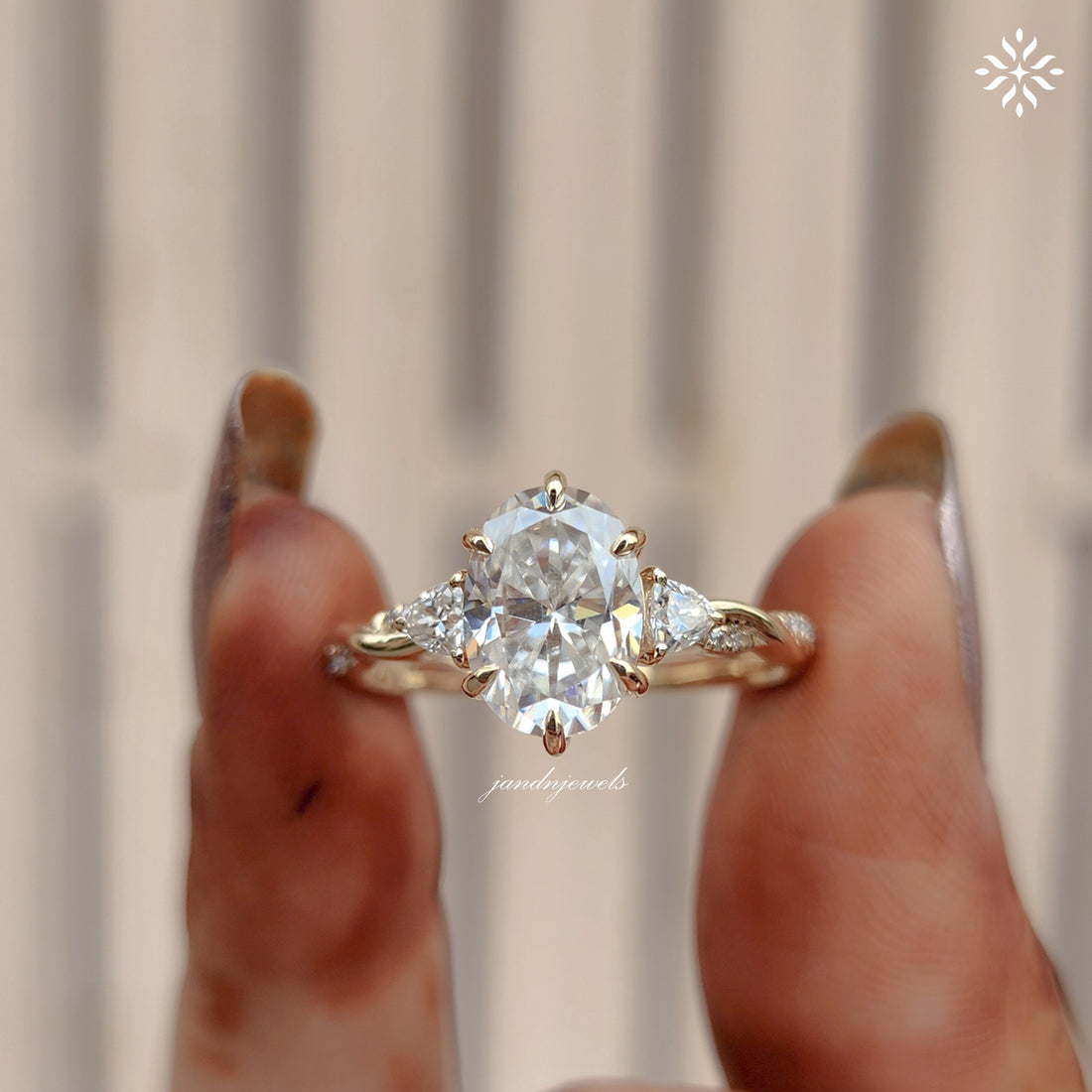 Three Stone oval Cut Moissanite Engagement Ring Twisted Band Wedding Ring Side Stone Trillion Side Stone Ring