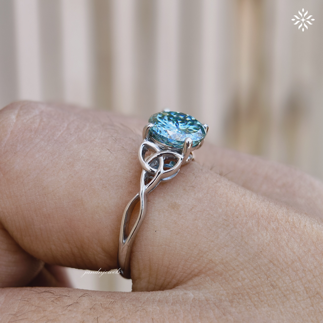 Vintage Celtic Knot Ring Cyan Blue Portuguese Cut Moissanite Engagement Ring Promise Ring for Her