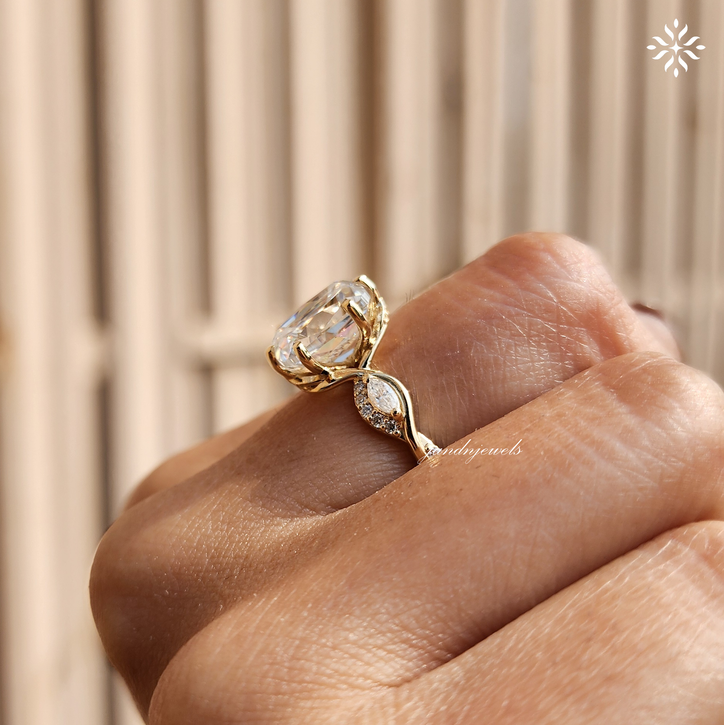 Old Mine Cushion Cut Moissanite Engagement Ring Nature Inspired Leaf Design Ring 14K Solid Gold Ring Floral Art Deco Ring Wedding Ring
