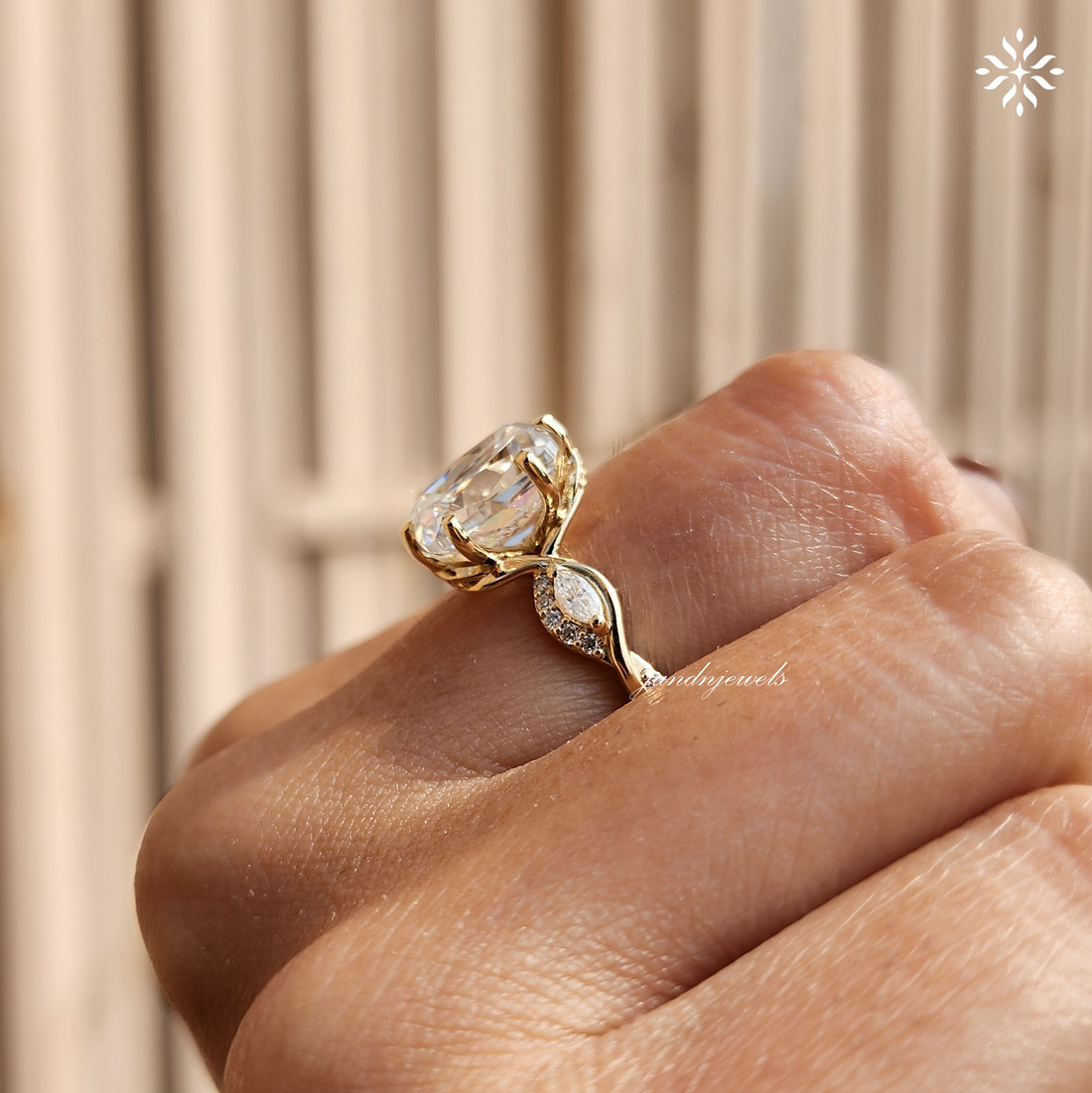 Old Mine Cushion Cut Moissanite Engagement Ring Nature Inspired Leaf Design Ring 14K Solid Gold Ring Floral Art Deco Ring Wedding Ring