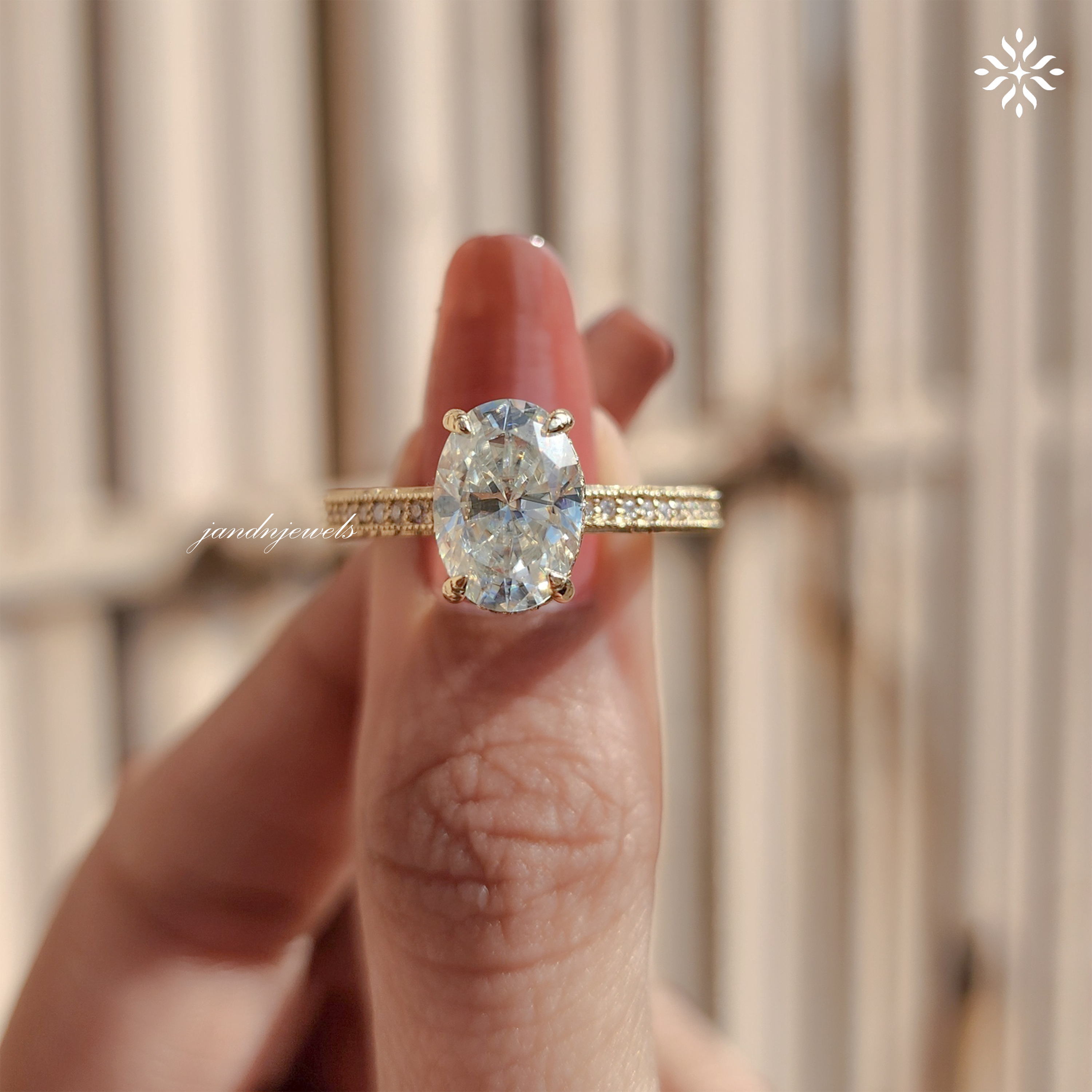 2CT Oval Cut Moissanite Engagement Ring Solitaire Diamond Ring Handcrafted Engraved Wedding Band 14K Solid Gold Hidden Halo Ring