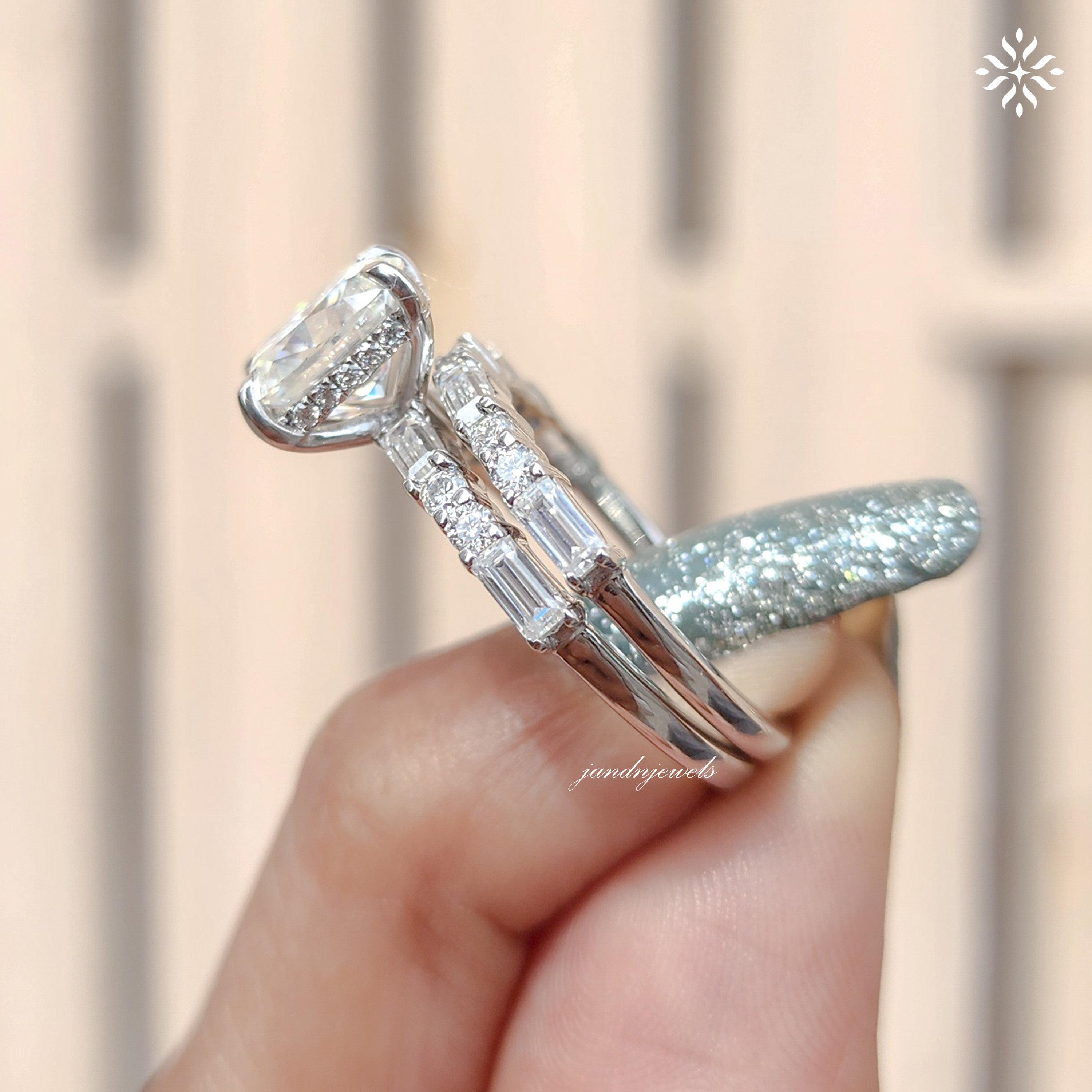 Elongated Cushion Cut Moissanite Engagement Ring Set Baguette & Round Diamond Band Bridal Ring Set 14K White Gold Ring Set