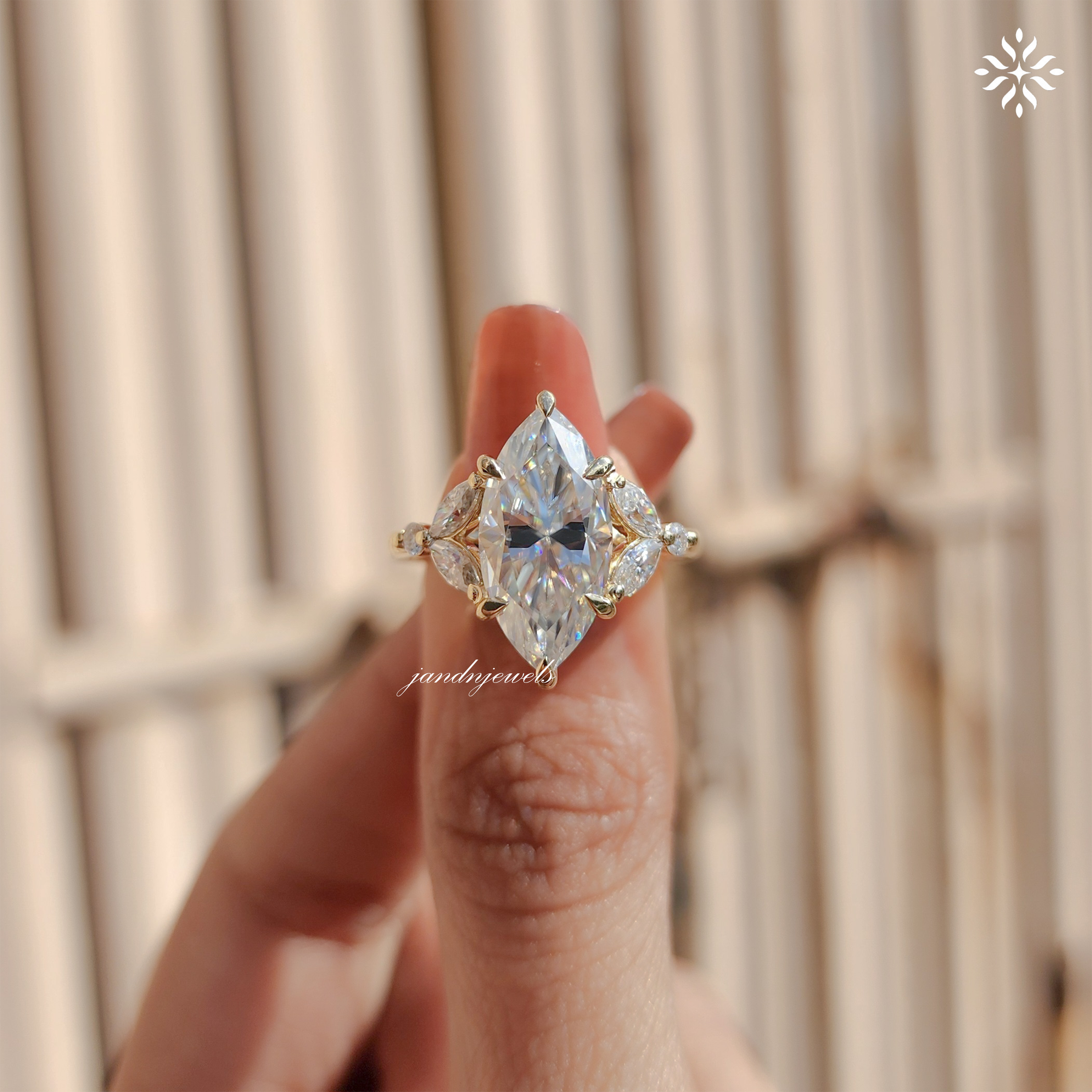 Marquise Moissanite Cluster Ring: Art Deco Solid Gold Anniversary Ring