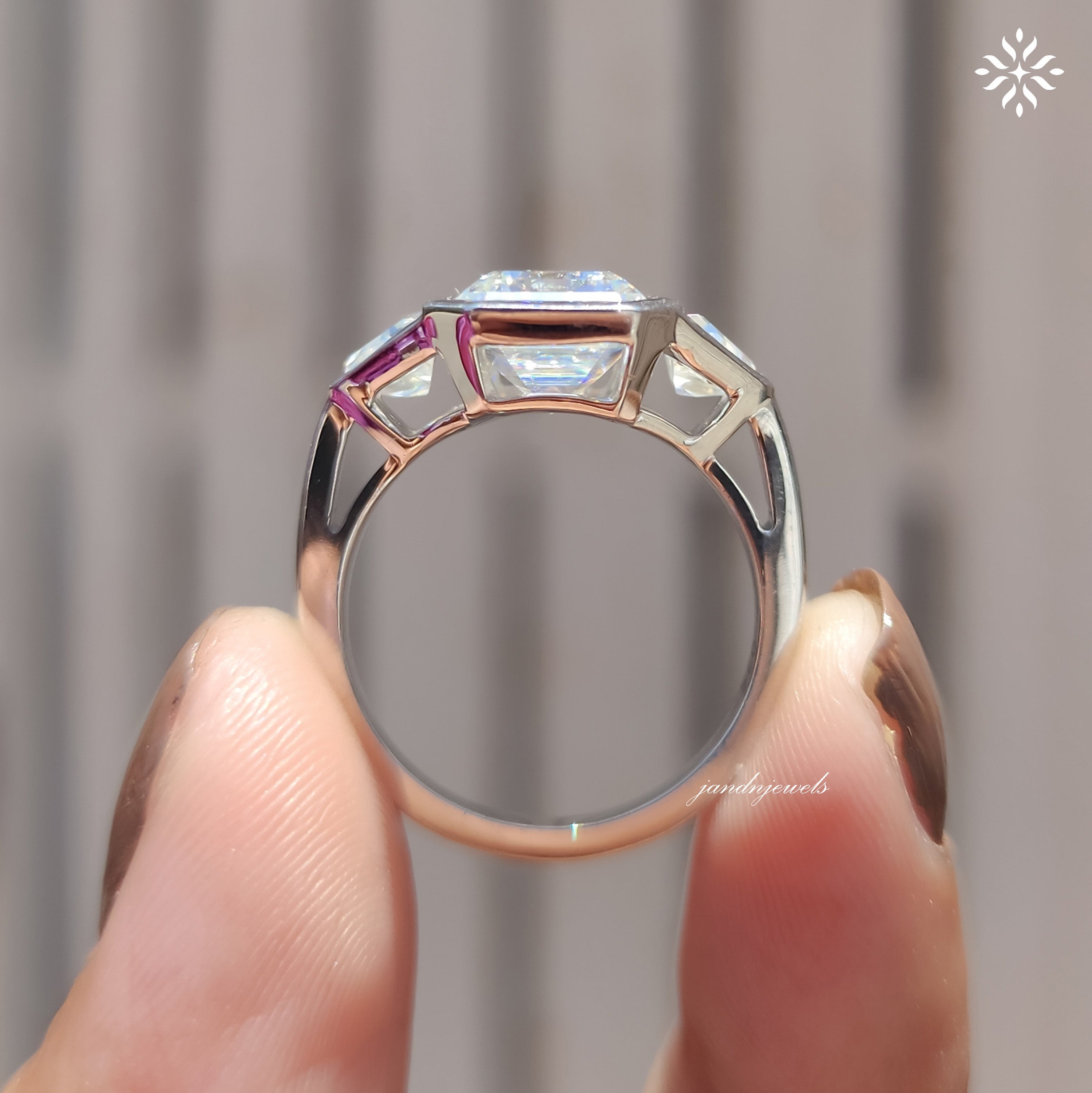 Three Stone Emerald Cut Moissanite Engagement Ring Bezel Set Diamond Ring Trilogy Ring for Her