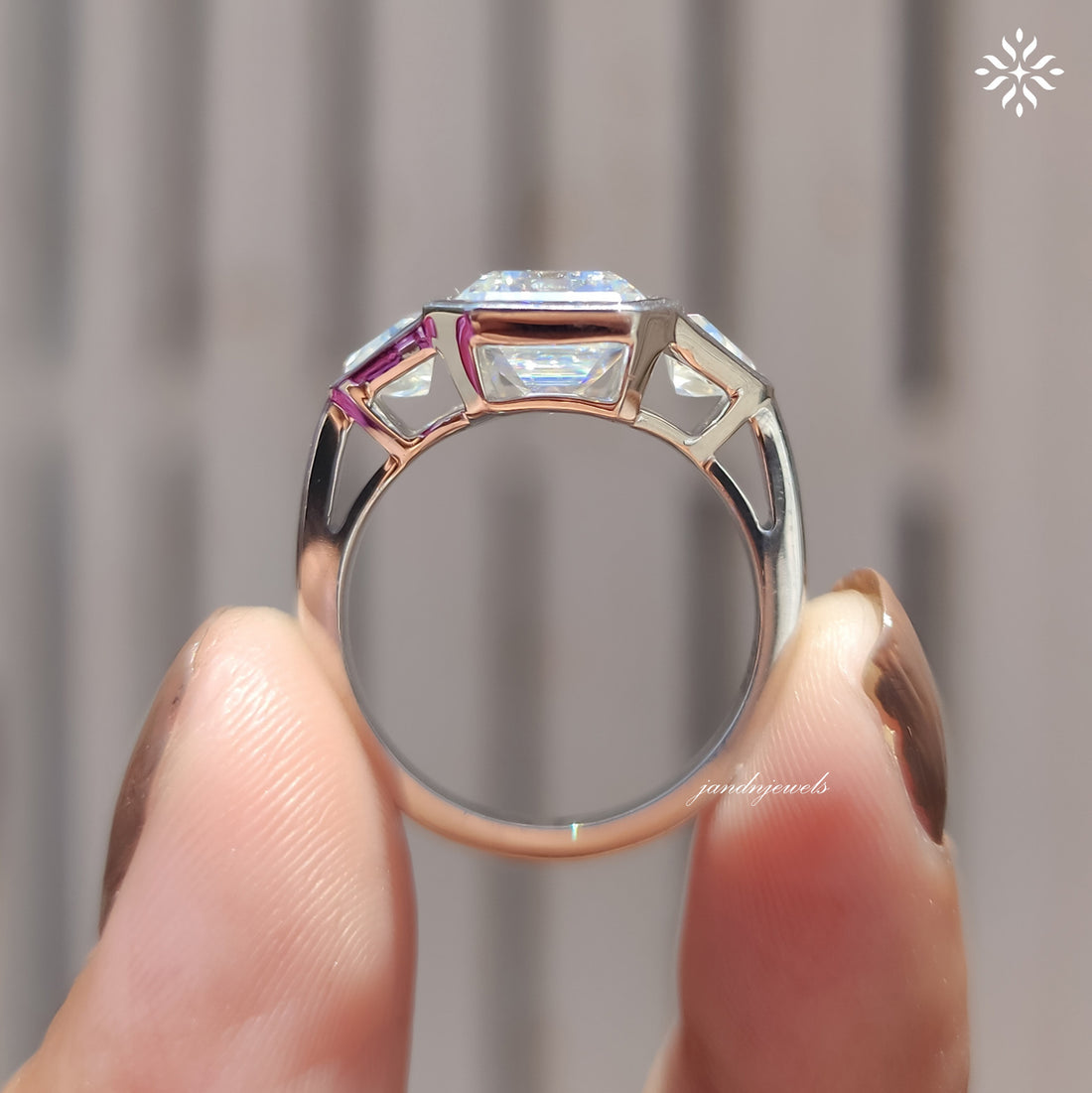 Three Stone Emerald Cut Moissanite Engagement Ring Bezel Set Diamond Ring Trilogy Ring for Her