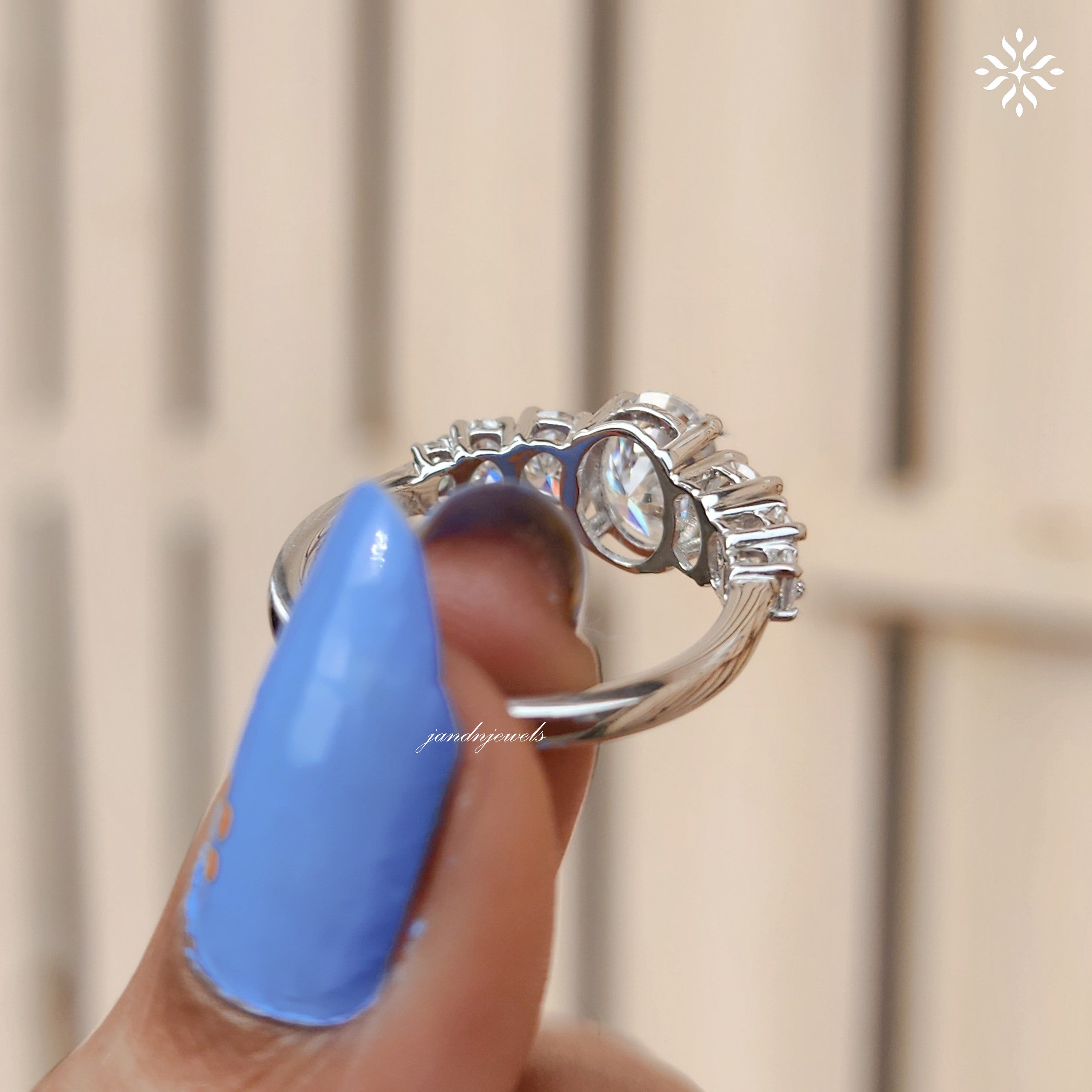 Oval Moissanite Ring with Graduated Side Stones Unique Eternity Engagement Ring Elegant White Gold Wedding Band for Her