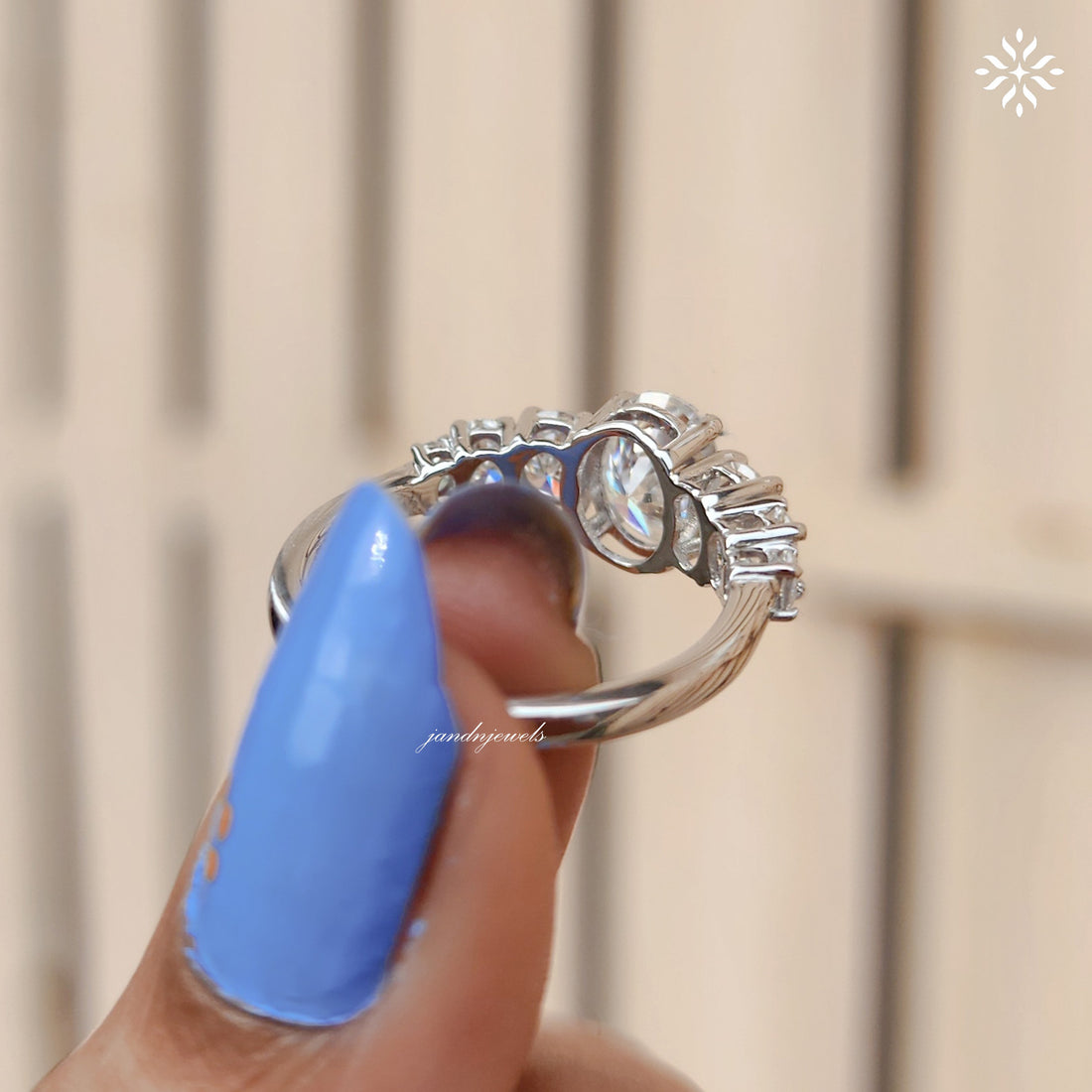 Oval Moissanite Ring with Graduated Side Stones Unique Eternity Engagement Ring Elegant White Gold Wedding Band for Her