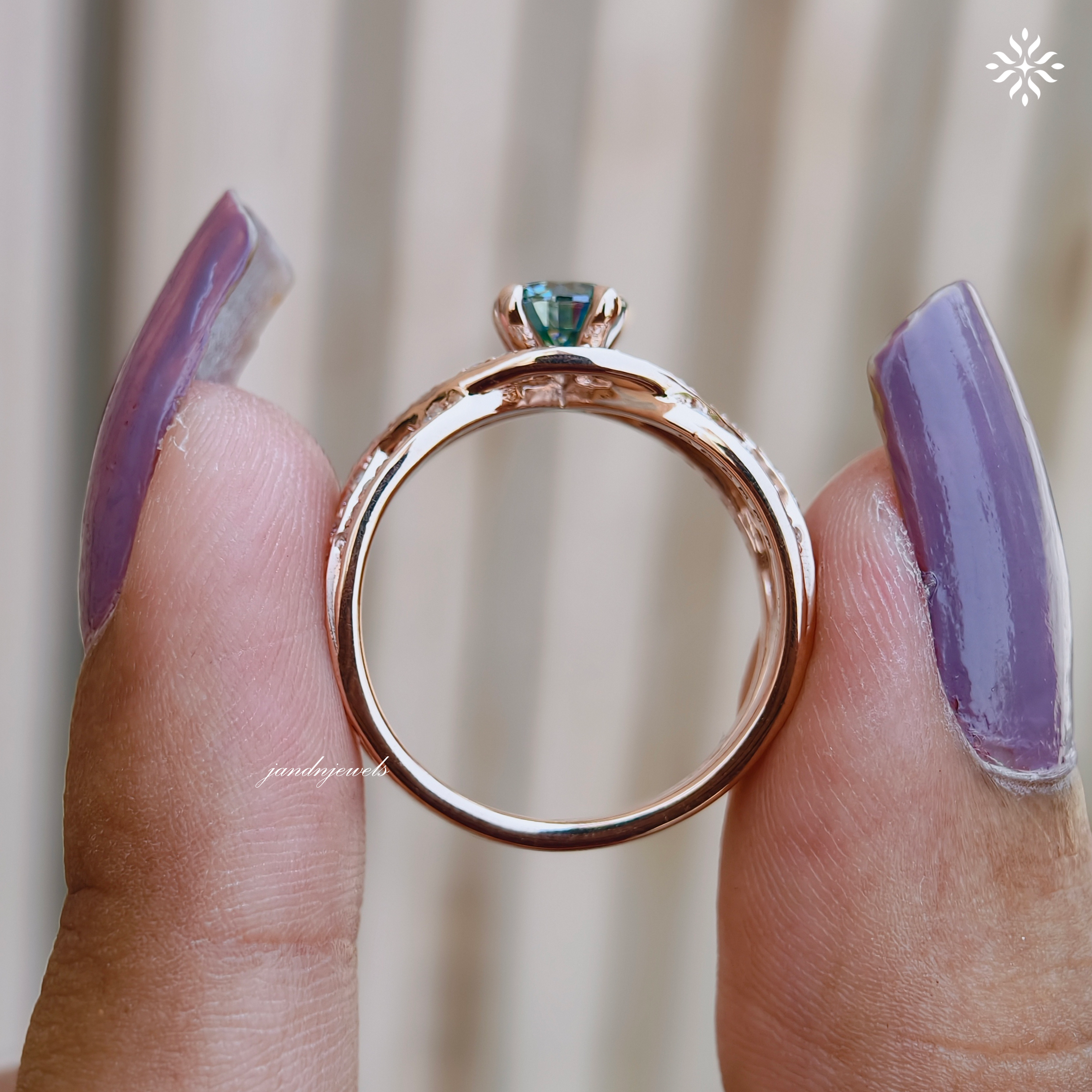 Cyan Blue Round Cut Moissanite Engagement Ring, Floral Wedding Ring, Unique Pave Band, 14K Gold Ring, Diamond Ring, Anniversary Ring