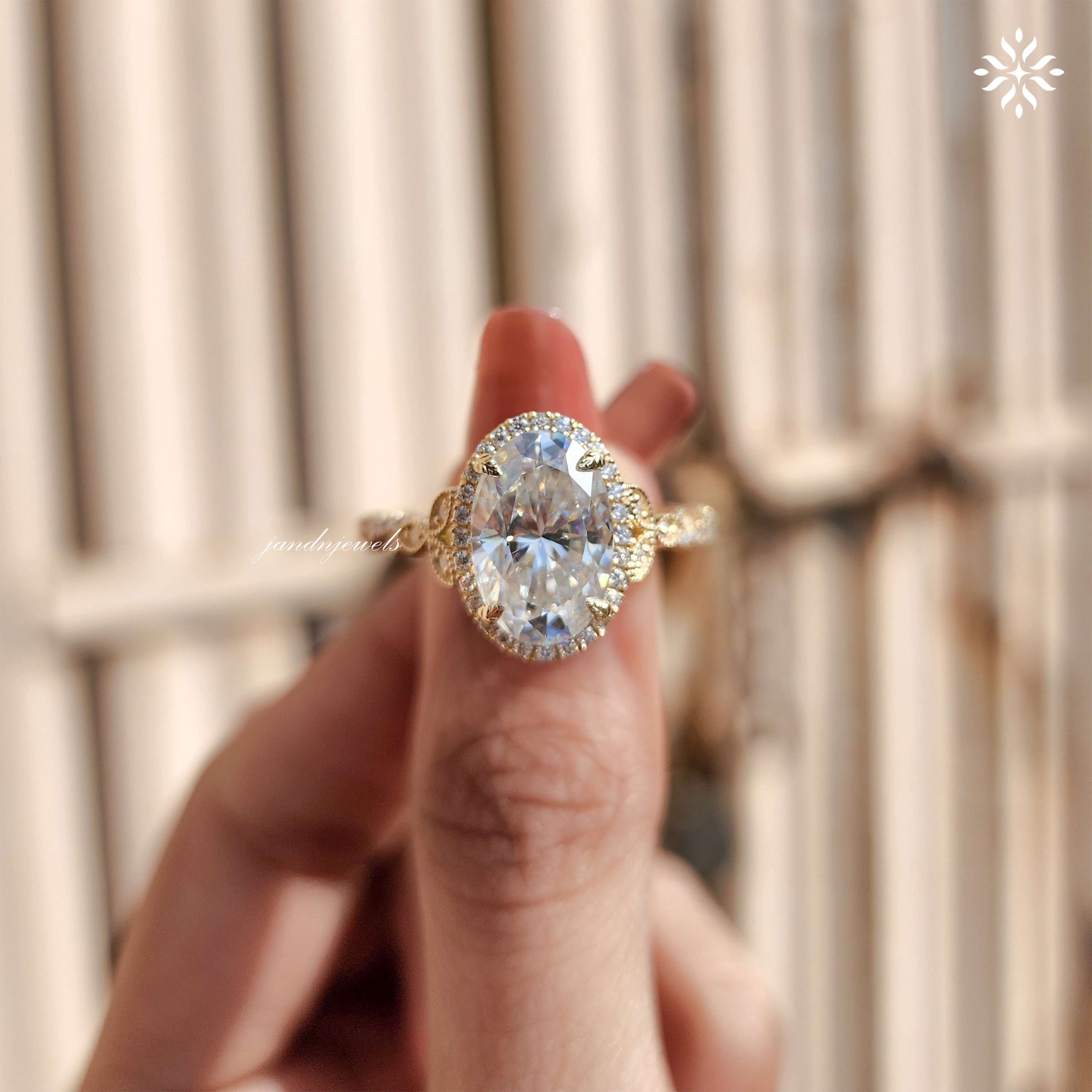 Oval Moissanite Halo Engagement Ring 14K Solid Yellow Gold, Filigree Cluster Design, Twisted Band, Classic Cathedral Setting