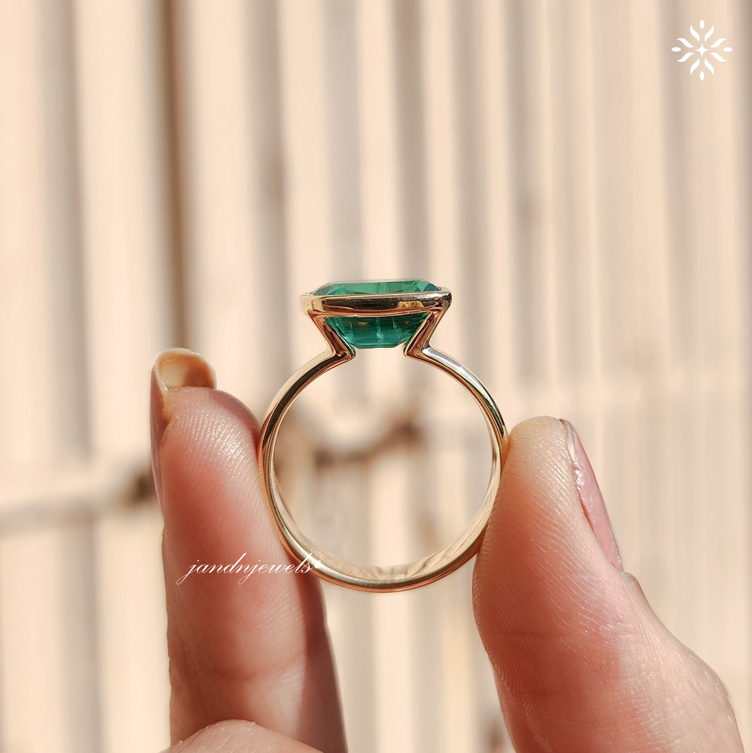 Green Emerald Cushion Cut Ring Bezel Set Solitaire 14K Gold Engagement Ring East West Ring