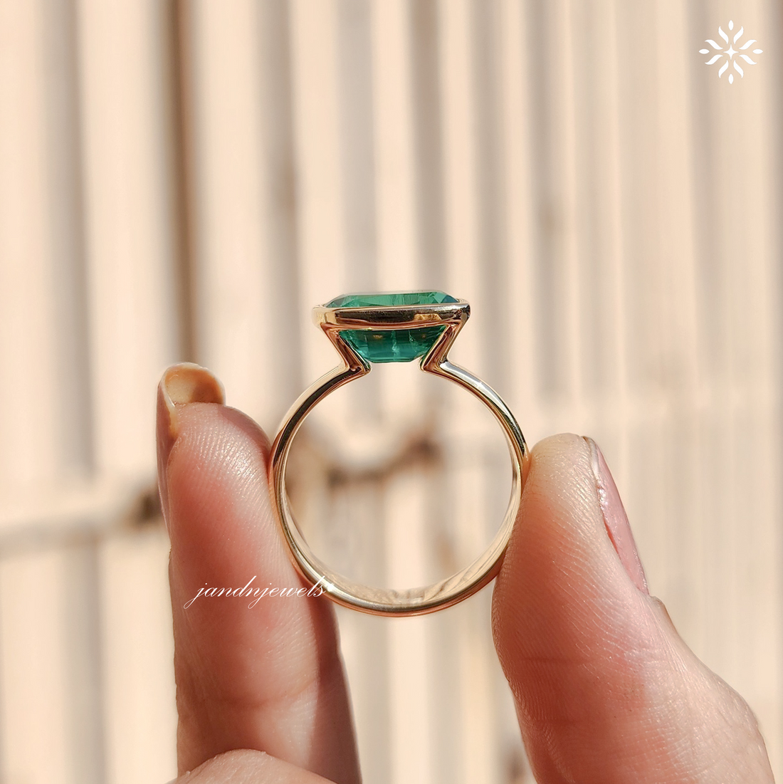 Green Emerald Cushion Cut Ring Bezel Set Solitaire 14K Gold Engagement Ring East West Ring