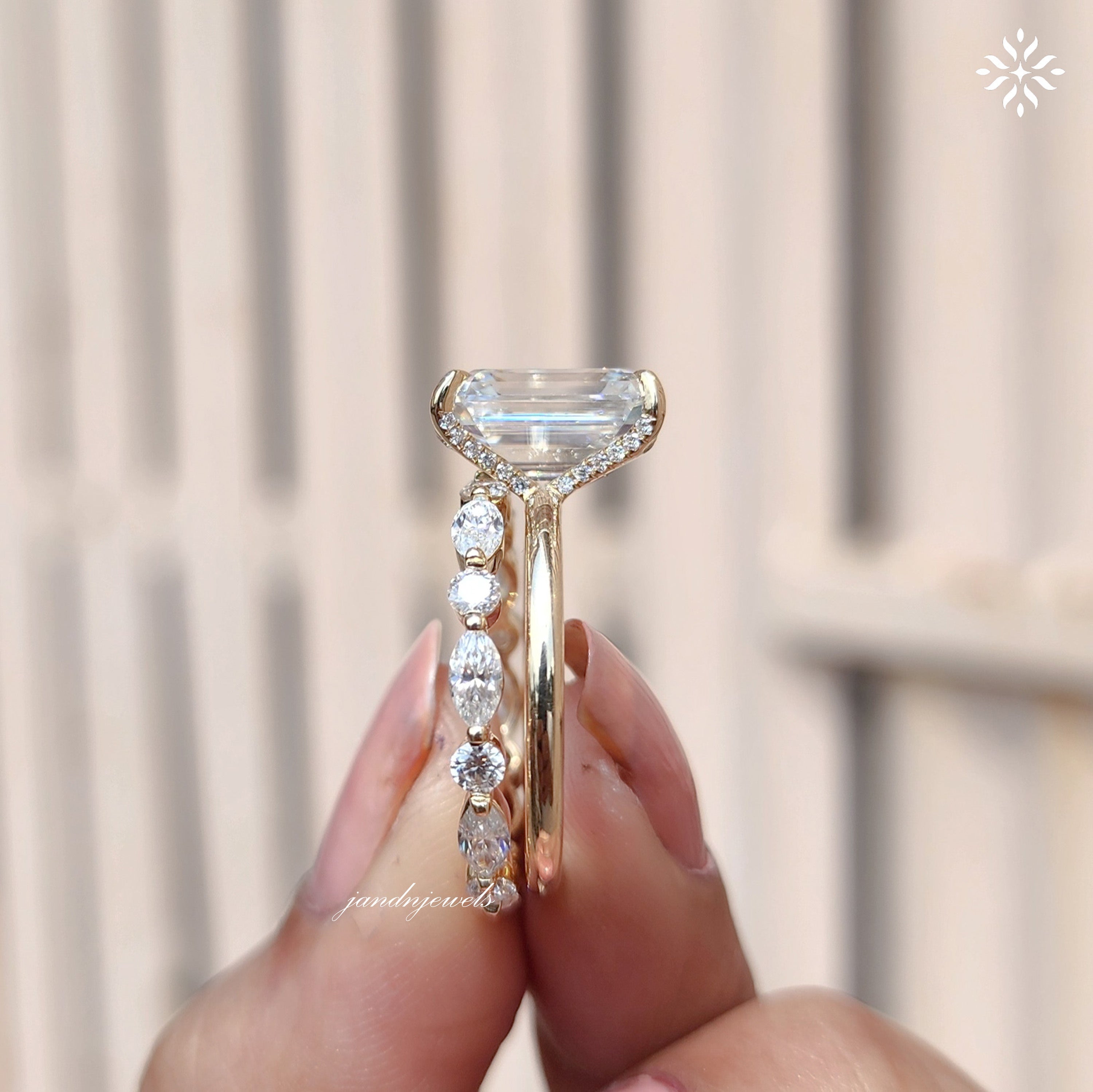 3CT Emerald Cut Moissanite Engagement Ring Set, Hidden Halo Ring Set, Round and Marquise Wedding Band, 14K Gold Bridal Ring