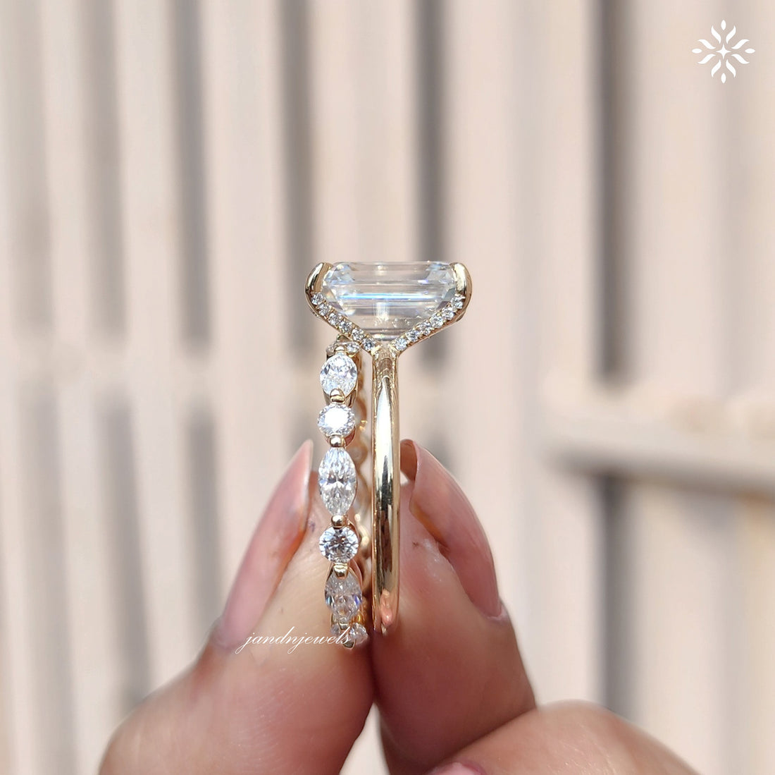 3CT Emerald Cut Moissanite Engagement Ring Set, Hidden Halo Ring Set, Round and Marquise Wedding Band, 14K Gold Bridal Ring