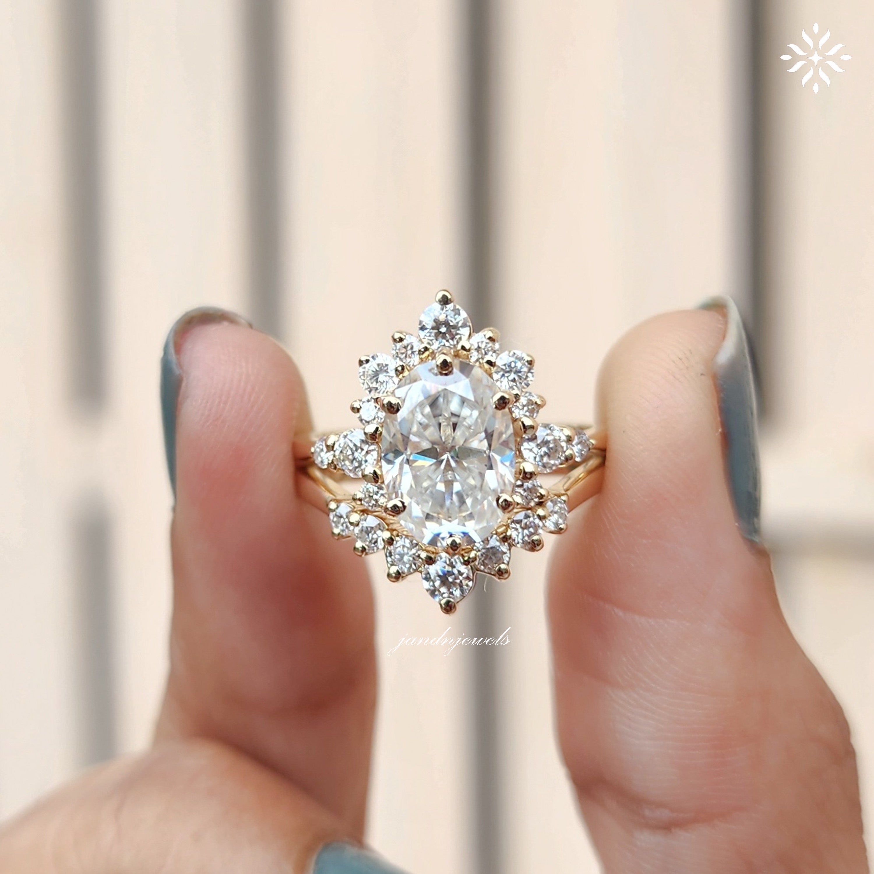 2.5 Carat Oval Moissanite Engagement Ring, Halo Bridal Set, 14K Yellow Gold Wedding Band, Anniversary Gift, Unique Cluster Ring