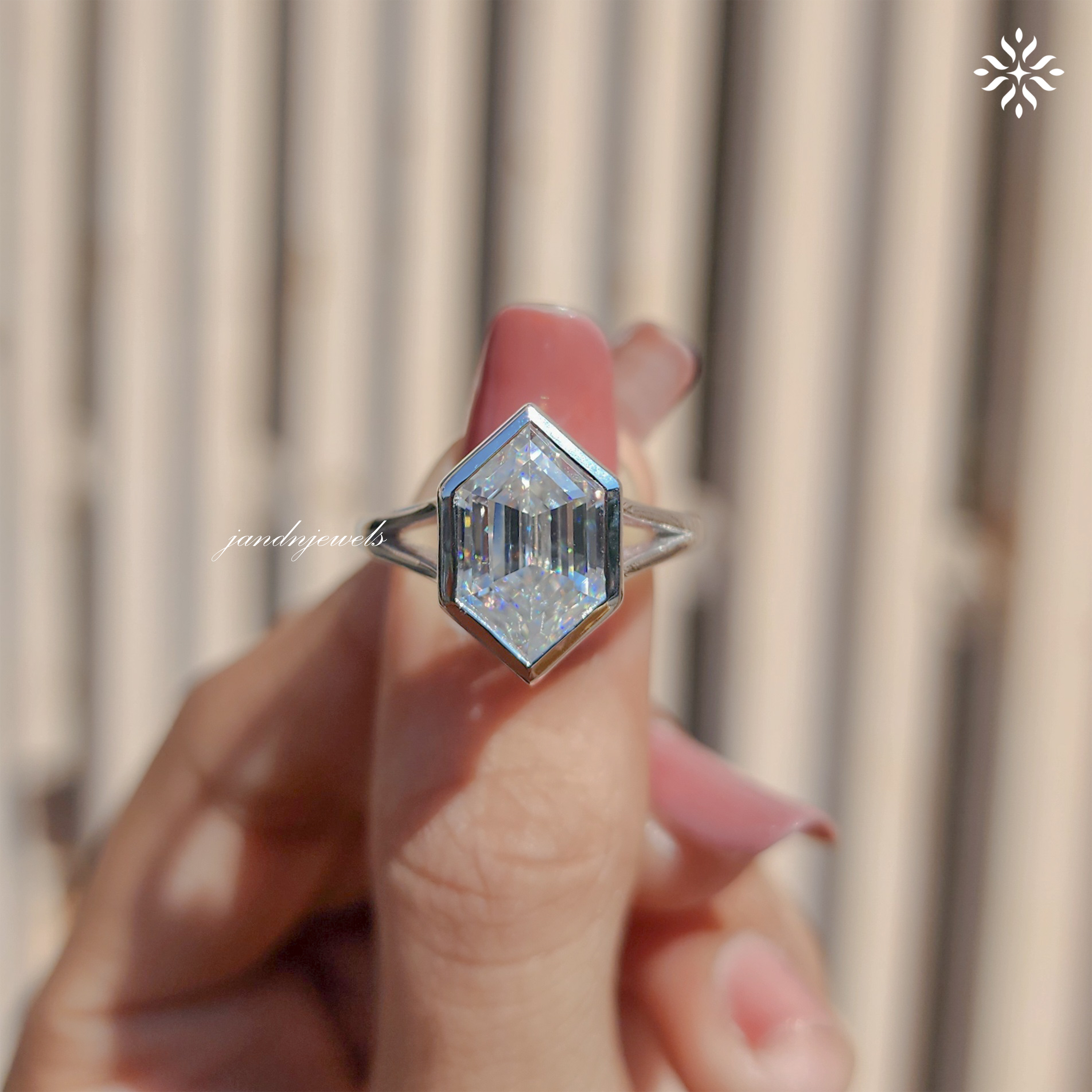 4CT Hexagon Cut Moissanite Engagement Ring, Bezel Set Solitaire, Split Shank Ring, 14K Solid Gold, Minimalist Modern Bridal Ring