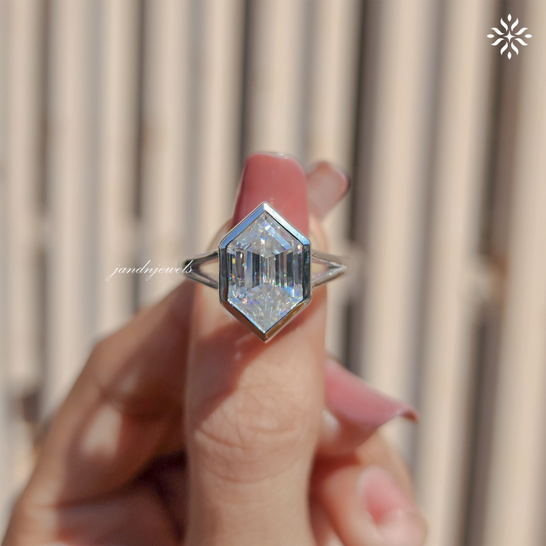 4CT Hexagon Cut Moissanite Engagement Ring, Bezel Set Solitaire, Split Shank Ring, 14K Solid Gold, Minimalist Modern Bridal Ring