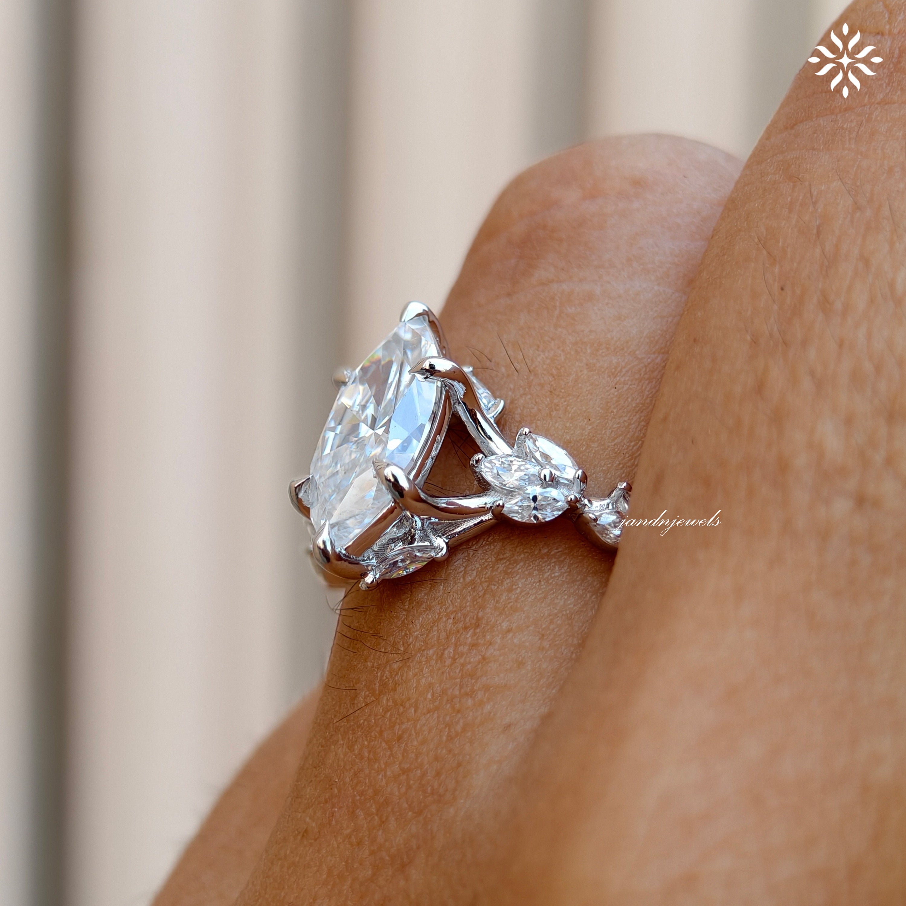 2CT Marquise Cut Moissanite Engagement Ring 14K White Gold Floral Vine Art Deco Ring