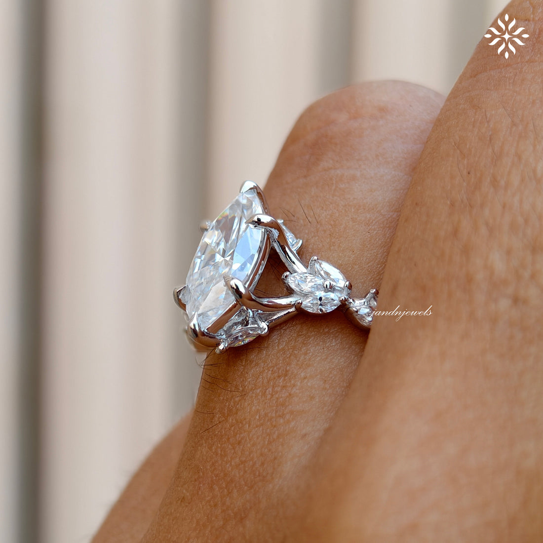 2CT Marquise Cut Moissanite Engagement Ring 14K White Gold Floral Vine Art Deco Ring