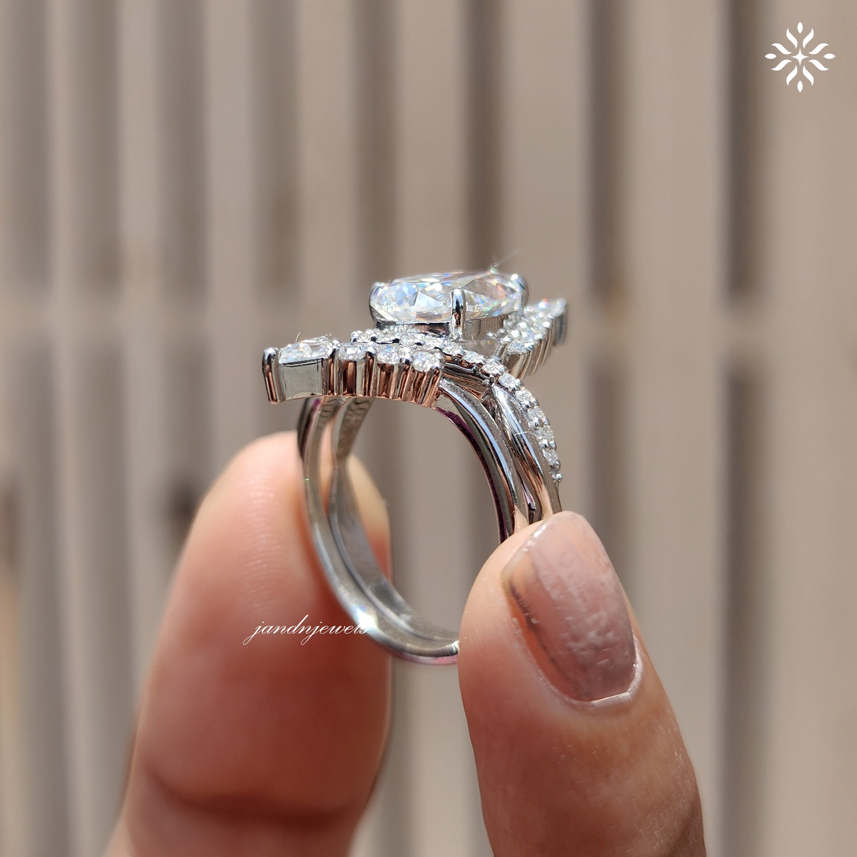 3CT Pear Cut Moissanite Engagement Ring Set Vintage Halo Bridal Ring Unique Chevron Wedding Ring Set