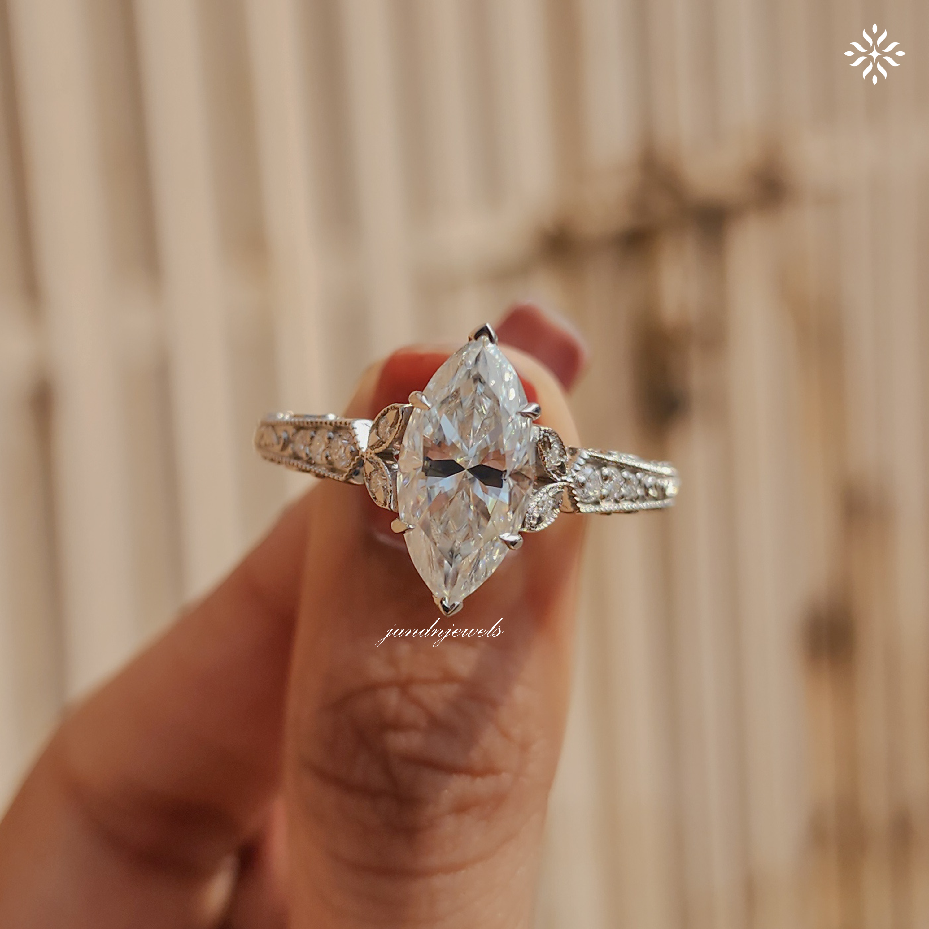 2.5CT Marquise Cut Moissanite Engagement Ring Art Deco Wedding Ring Vintage Engraved Band Unique Cluster Ring