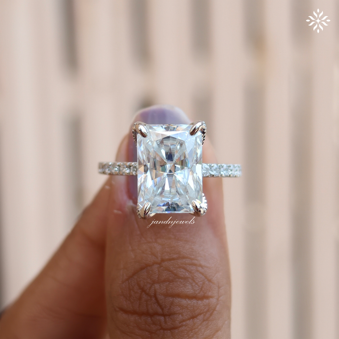 Radiant Cut Moissanite Engagement Ring Hidden Halo Ring 14K Solid Gold Baguette Halo Ring Diamond Ring for Women