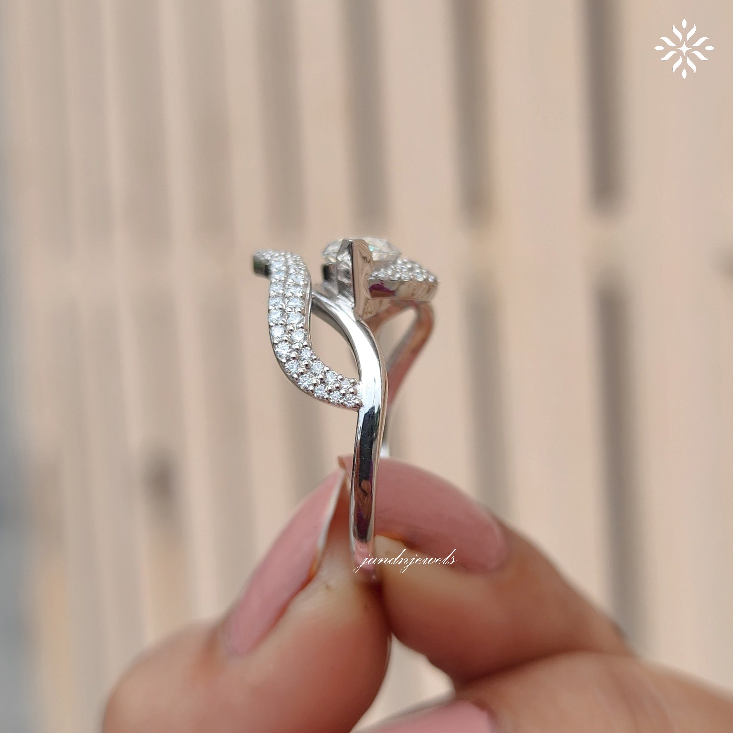 Marquise Moissanite Engagement Ring, Twisted Pave Diamond Band, Unique Swirl Gold Statement Ring