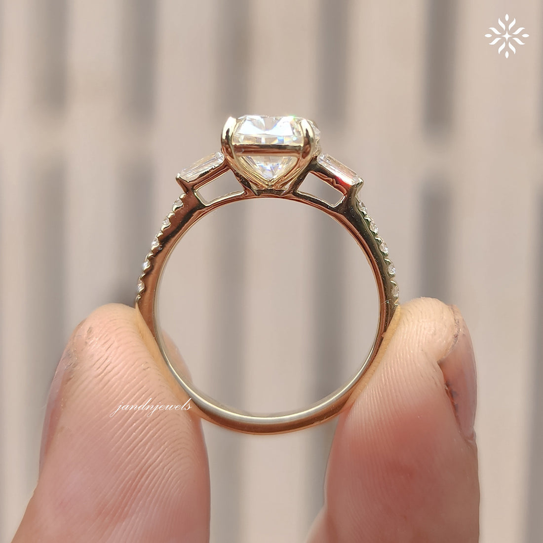 Three Stone Cushion Cut Moissanite Engagement Ring Side Stone Baguette Diamond Ring
