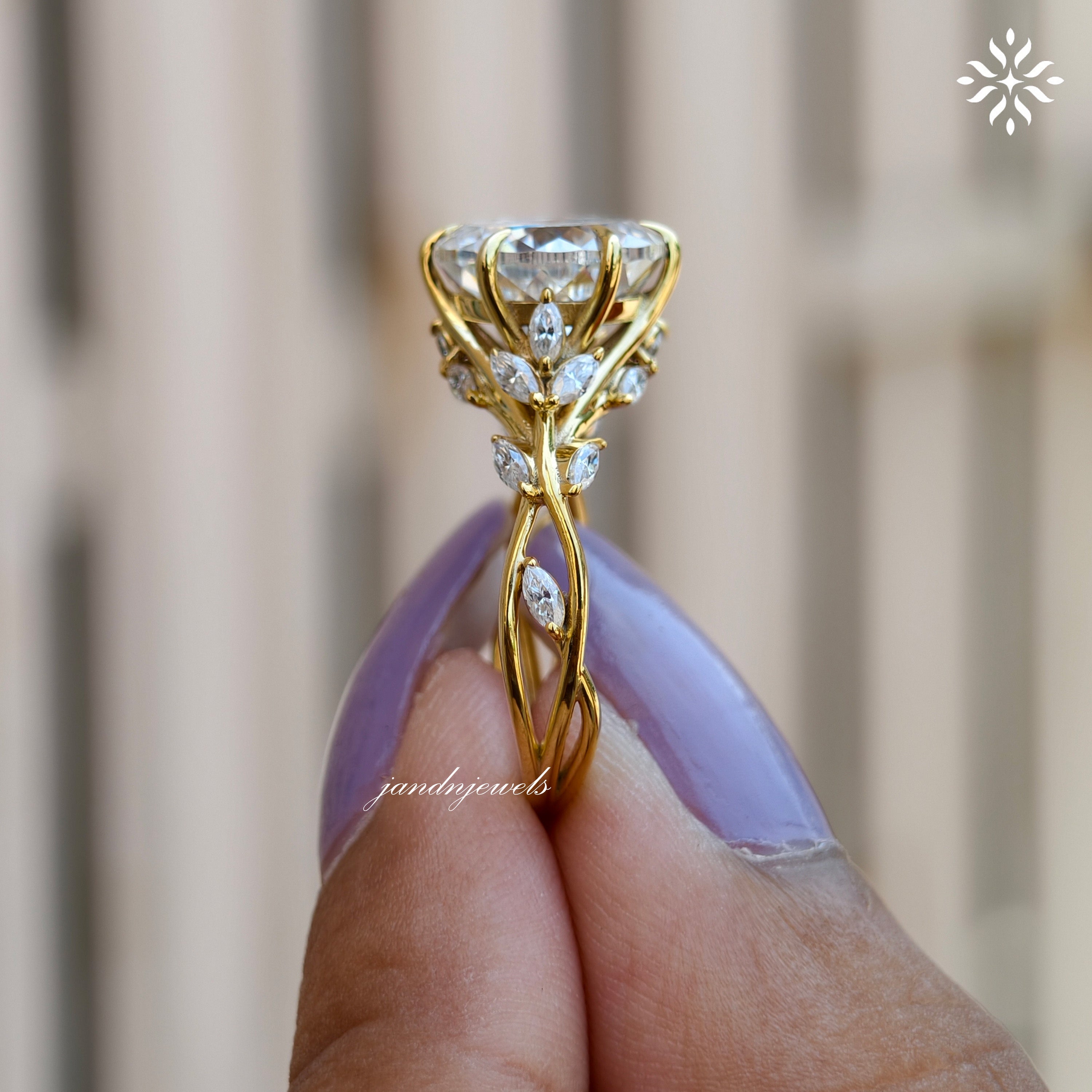 Floral Portuguese Cut Moissanite Engagement Ring Art Deco14K Gold Moissanite Diamond Wedding Ring Nature Inspire Ring Promise Ring For Women