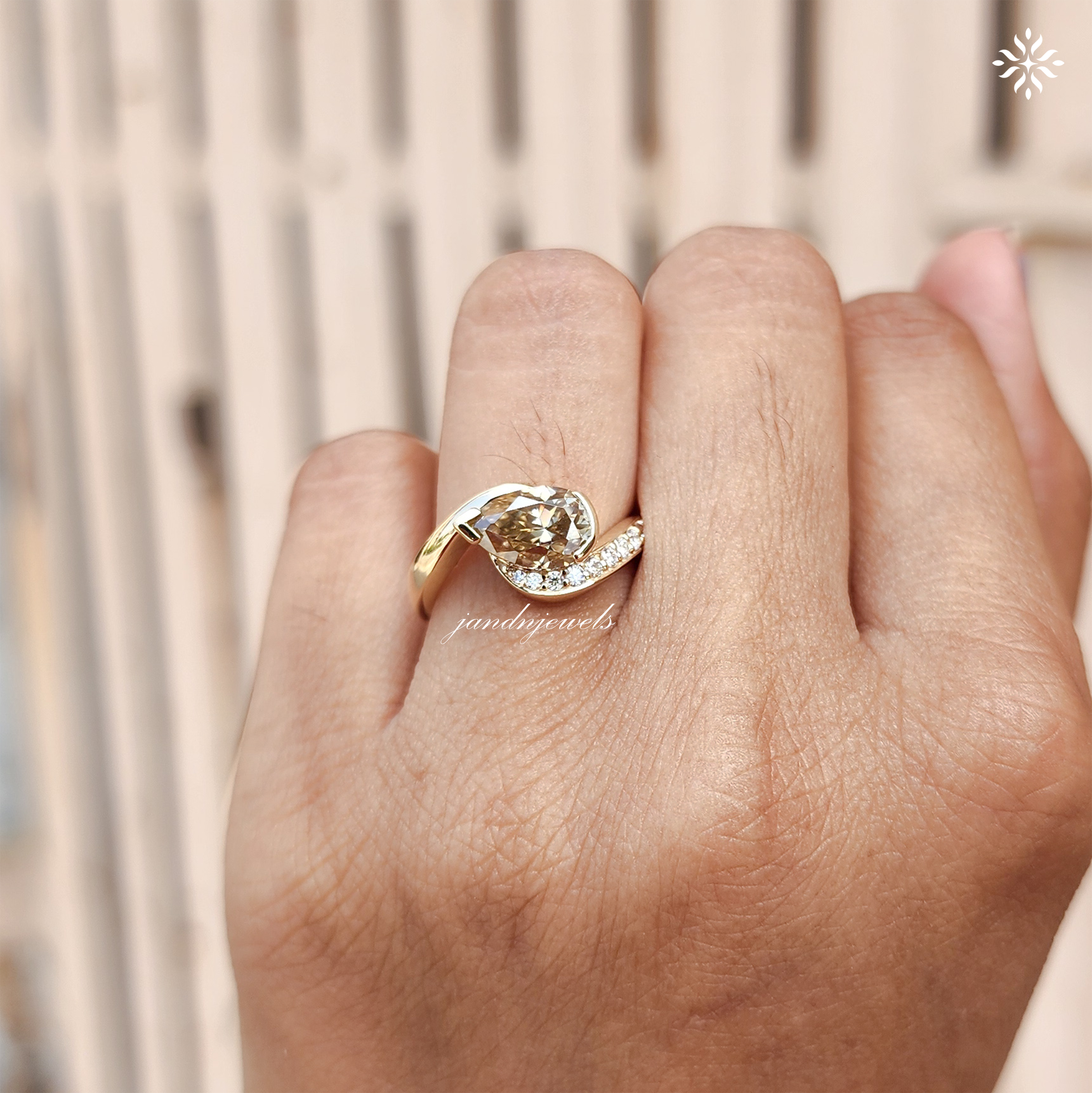 Champagne Pear Cut Moissanite Ring, Curved Pave Band, Asymmetrical Gold Engagement Ring