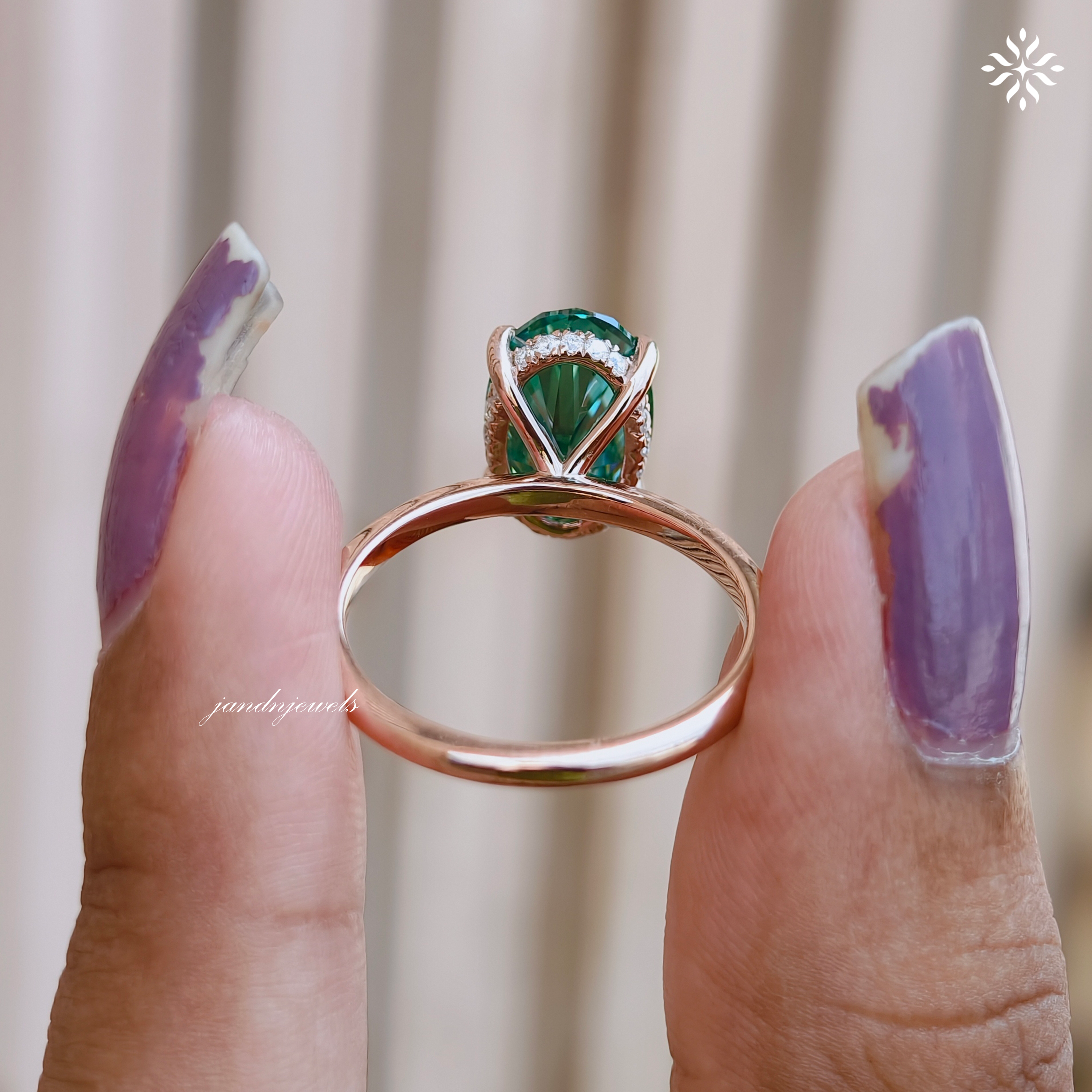 3CT Green Oval Shaped Moissanite Engagement Ring Solitaire Diamond Ring 14K Solid Rose Gold Ring Hidden Halo Promise Ring for Her