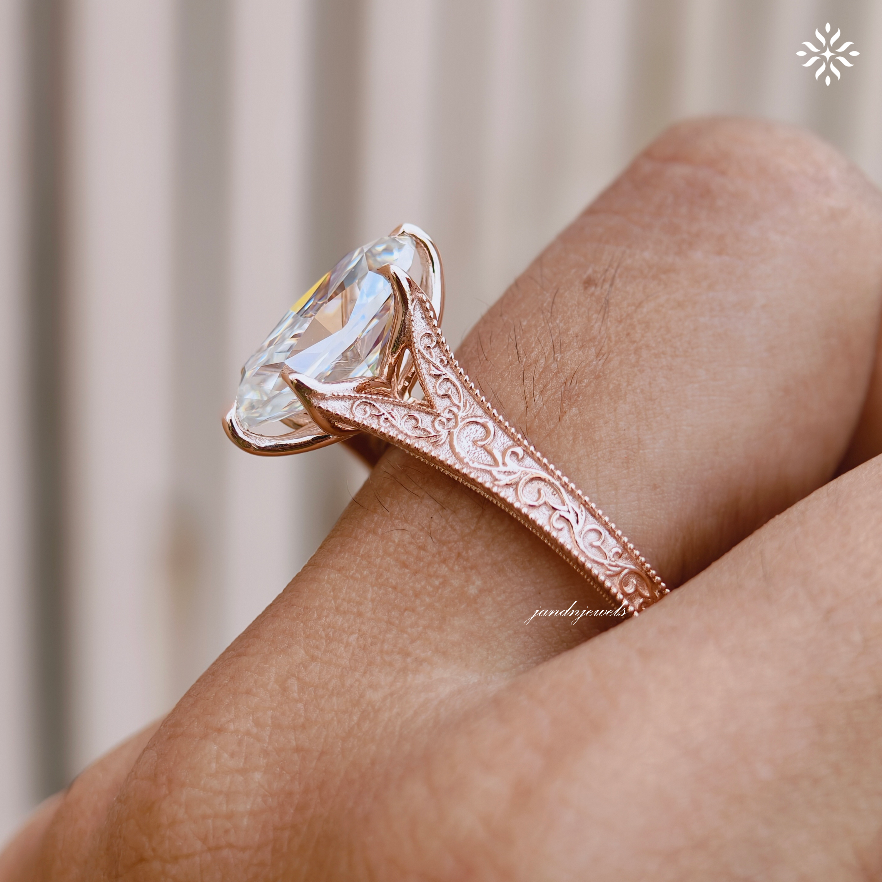 Dutch Marquise Moissanite Engagement Ring Art Deco Engraved Band Solitaire Ring 14K Gold Six Prong Designer Bridal Ring For Her