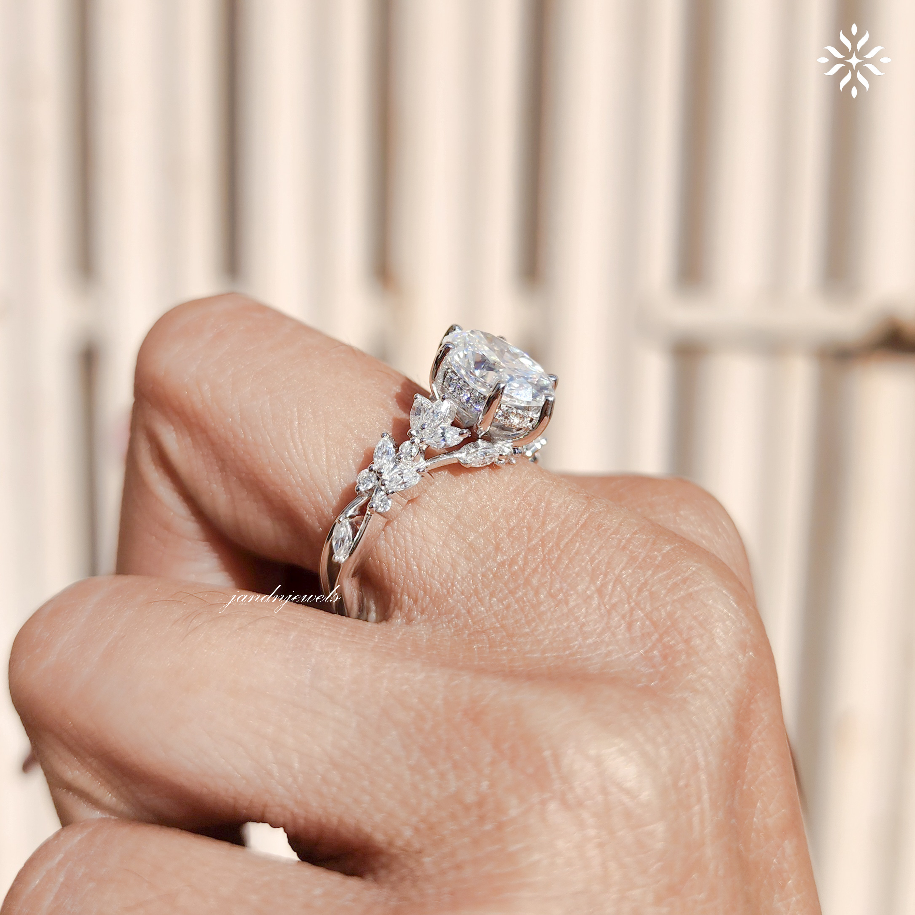 Oval Moissanite Ring, Nature Inspired Floral Diamond Band, Unique Vintage Gold Engagement Ring