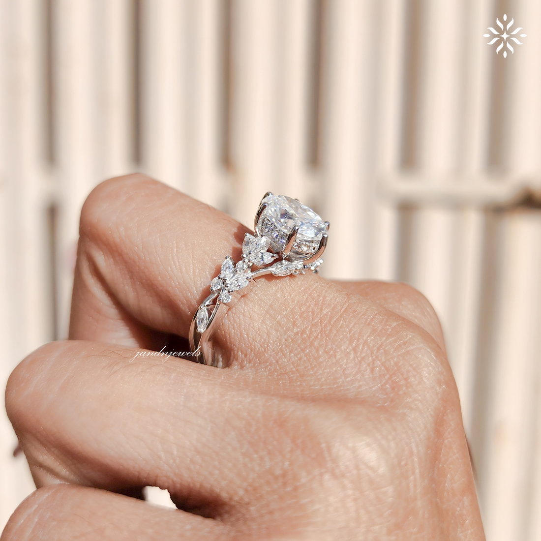 Oval Moissanite Ring, Nature Inspired Floral Diamond Band, Unique Vintage Gold Engagement Ring
