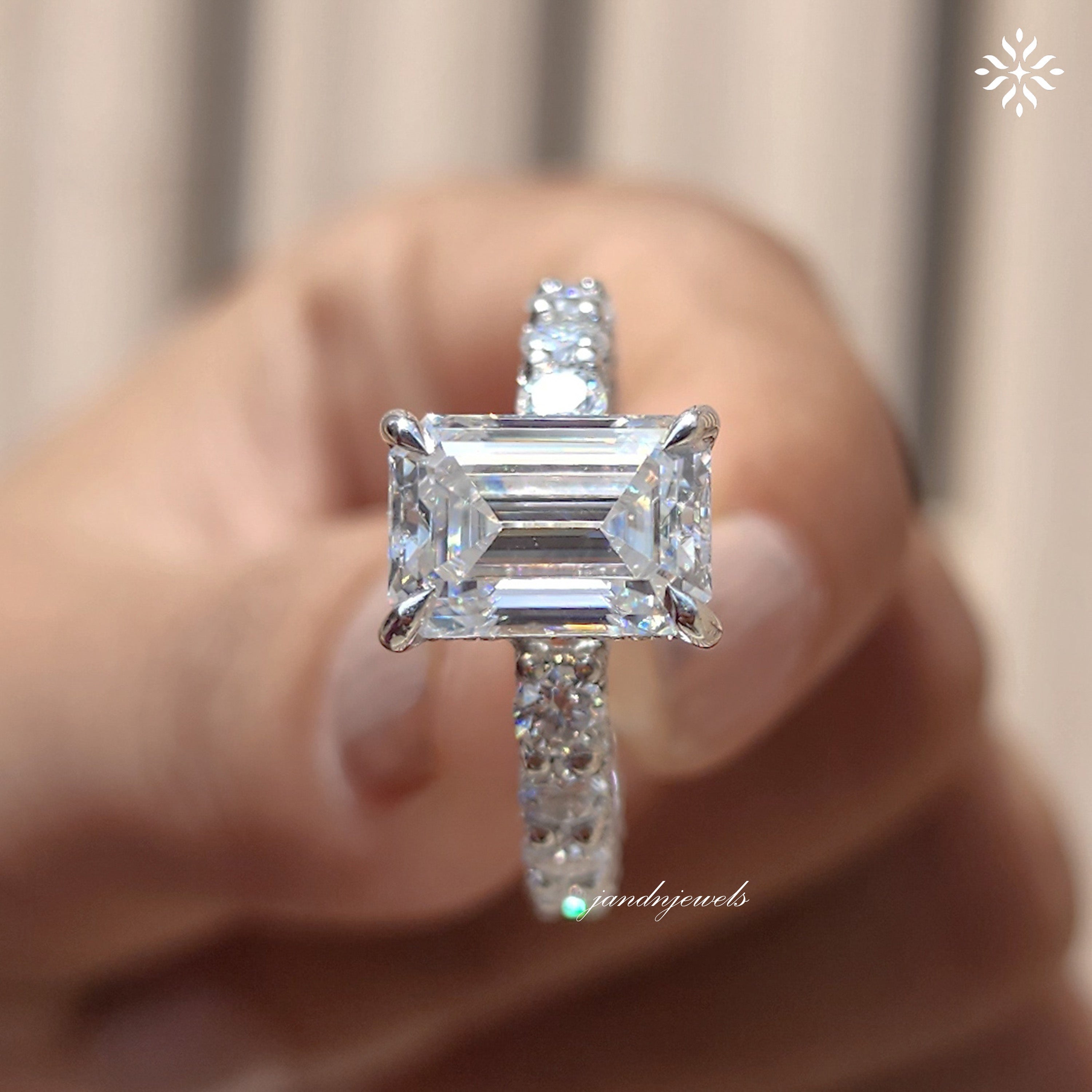 2.5CT Emerald Cut Moissanite Engagement Ring Unique Dabble Hidden Halo Ring 14K Solid Gold Ring for Women