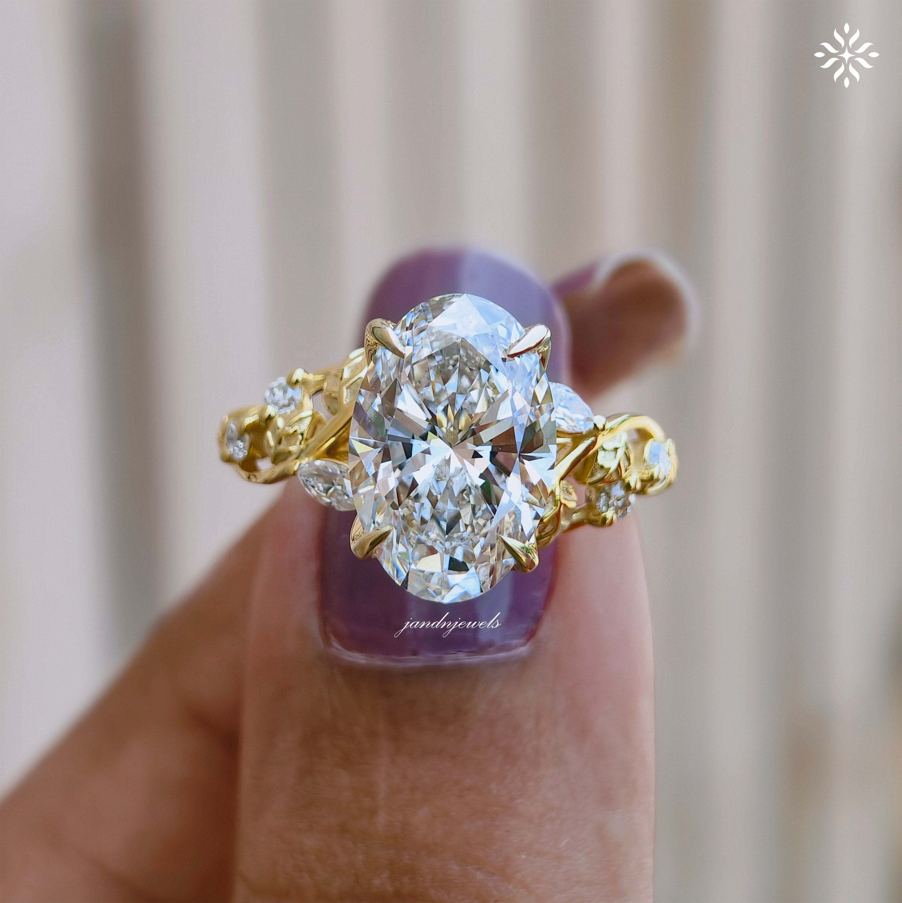 Botanical Oval Cut Lab Grown Diamond Engagement Ring Nature Inspired Floral Ring Vine Leaf Wedding Ring 14K Solid Yellow Gold Ring for Her