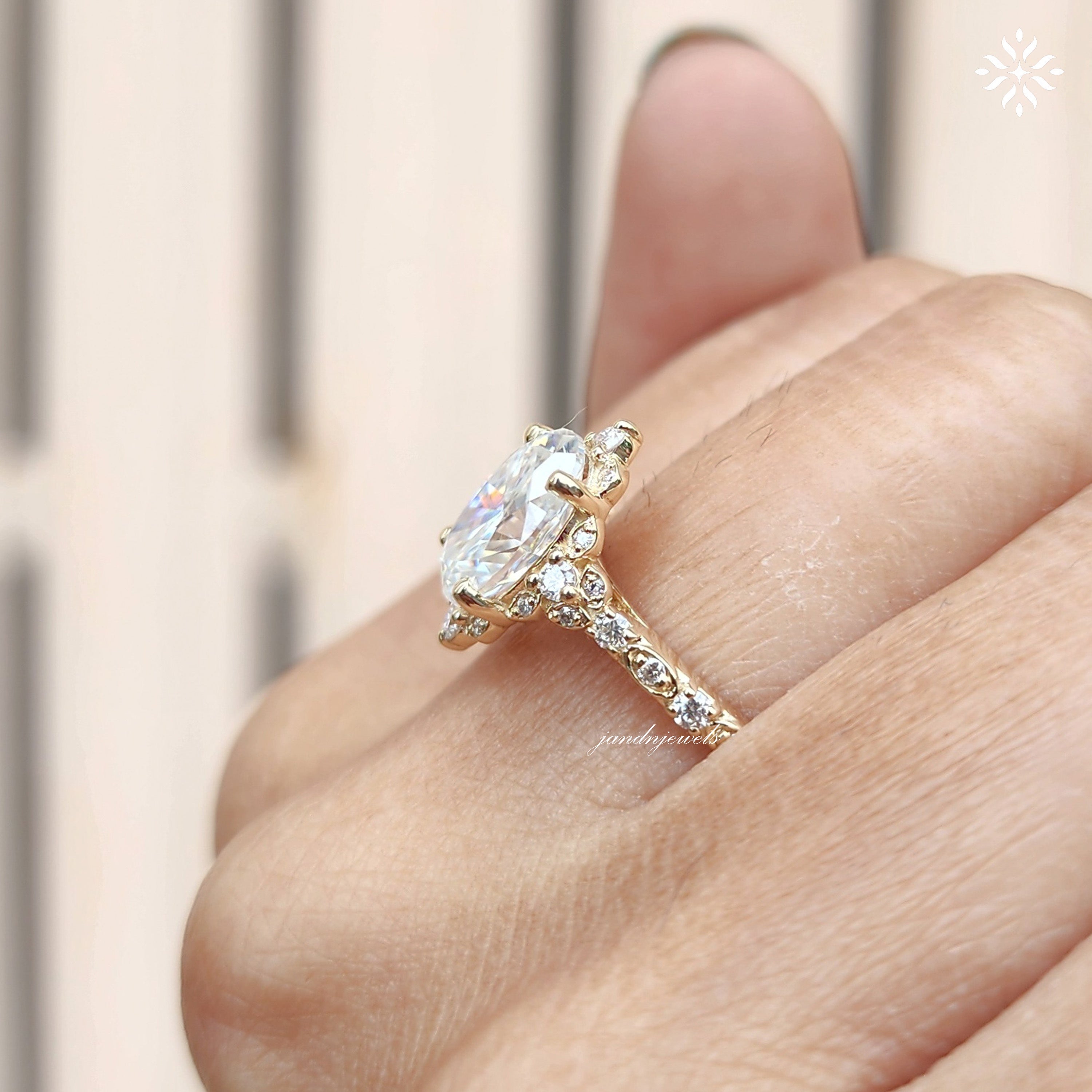 Oval moissanite engagement ring yellow gold Unique halo vintage art deco Diamond vintage ring Anniversary promise ring anniversary for her