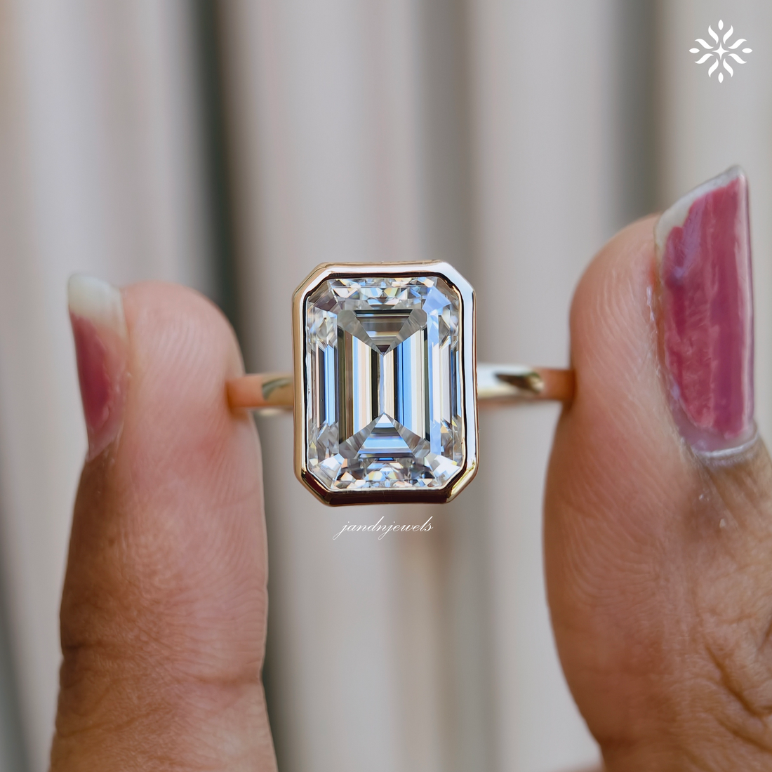 3 Carat Emerald Cut Lab Grown Diamond Engagement Ring | 14K Gold Bezel | IGI Certified