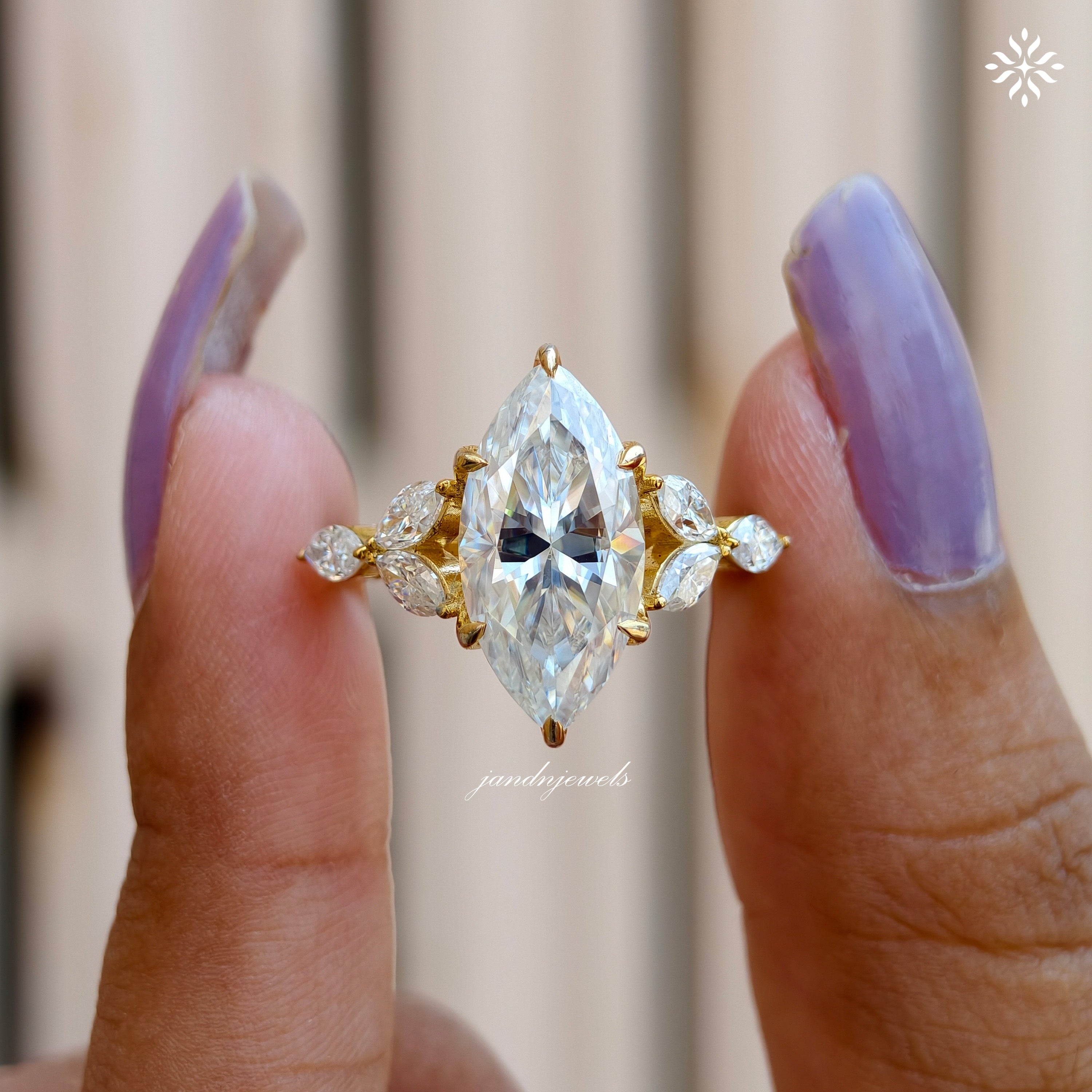 4CT Marquise Cut Moissanite Engagement Ring Cluster Marquise Side Stone Ring Classic Floral Basket Setting Wedding Ring Micro Pavé Band