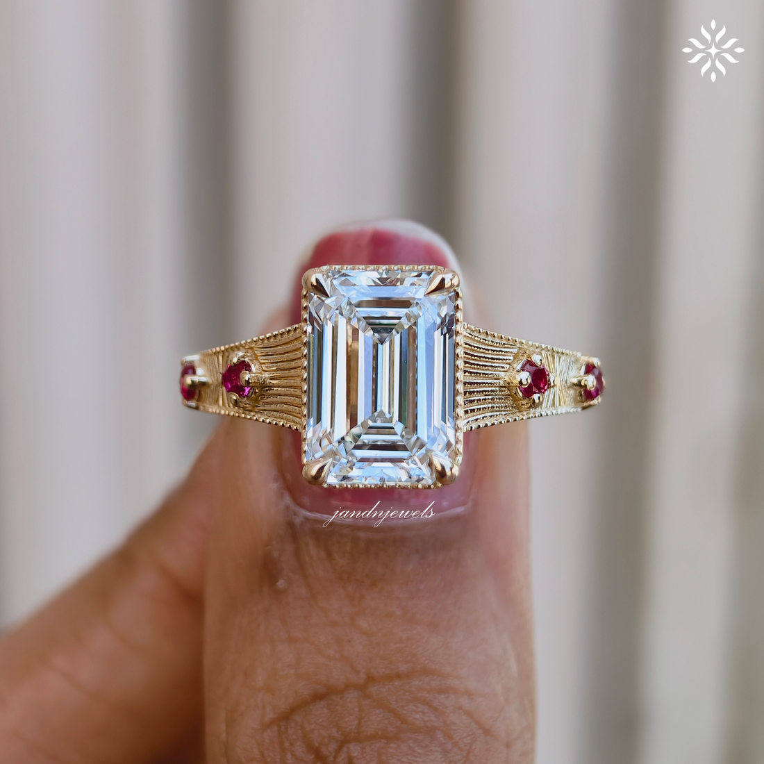 3CT Emerald Cut Lab Grown Diamond Engagement Ring, Pink Sapphire Side Stone Ring, Vintage Inspired Engraved Band, 14K Gold Wedding Ring