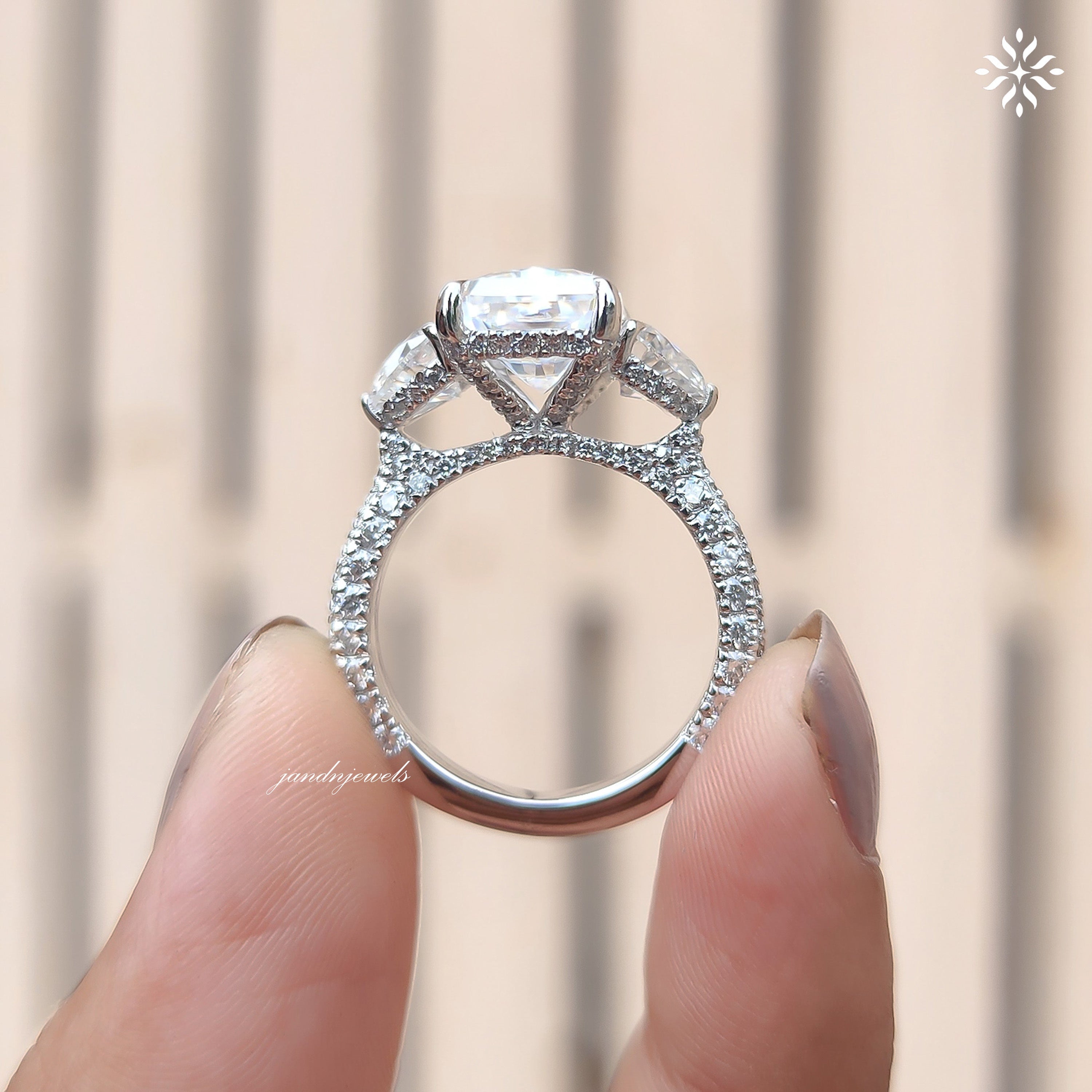 Three Stone Radiant Cut Moissanite Engagement Ring Side Stone Heart Ring