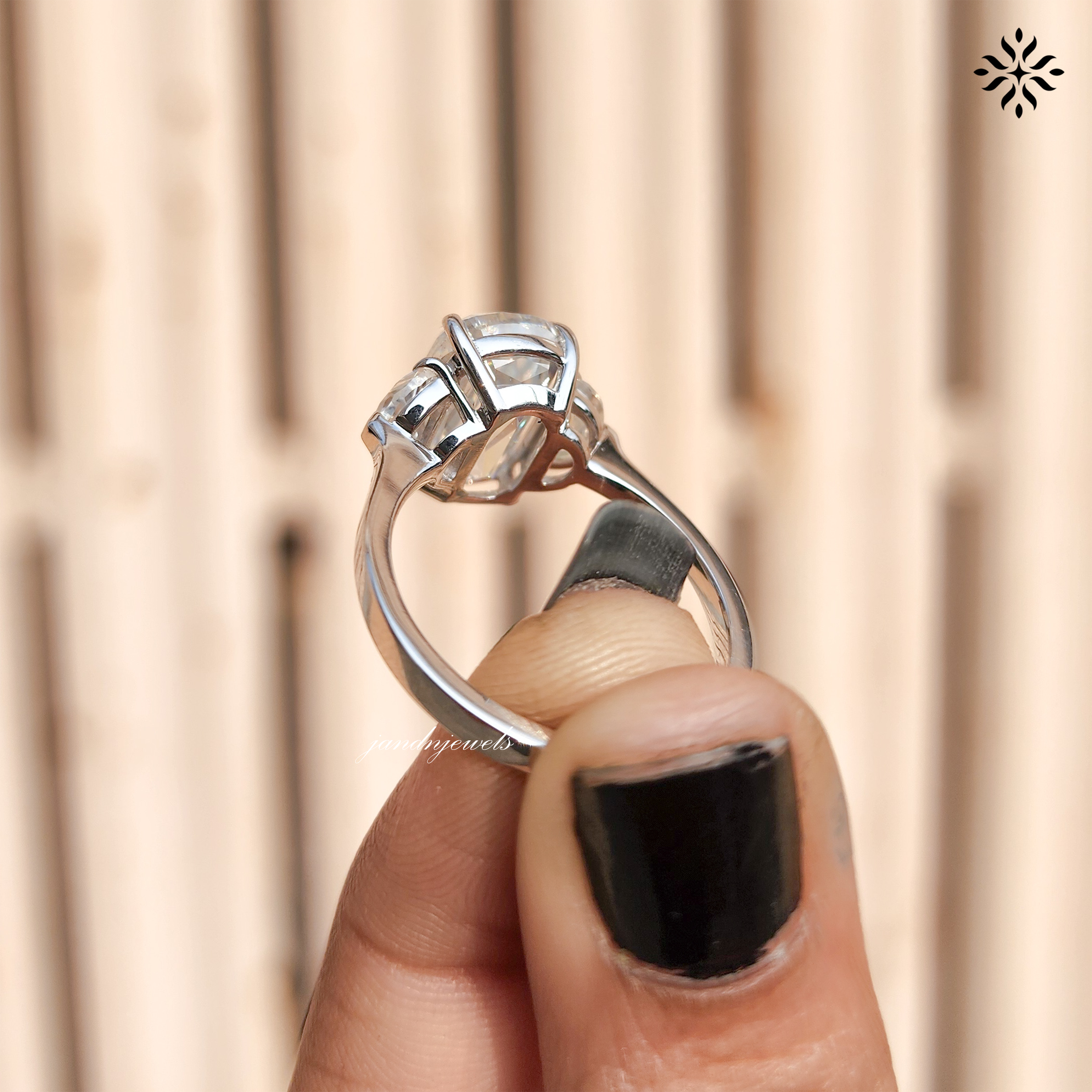 Elongated Criss Cut Cushion Moissanite Engagement Ring Three Stone Wedding Ring Side Stone Half Moon Trilogy Ring Multi Stone Ring for Her