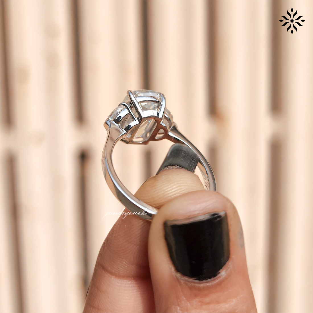 Elongated Criss Cut Cushion Moissanite Engagement Ring Three Stone Wedding Ring Side Stone Half Moon Trilogy Ring Multi Stone Ring for Her