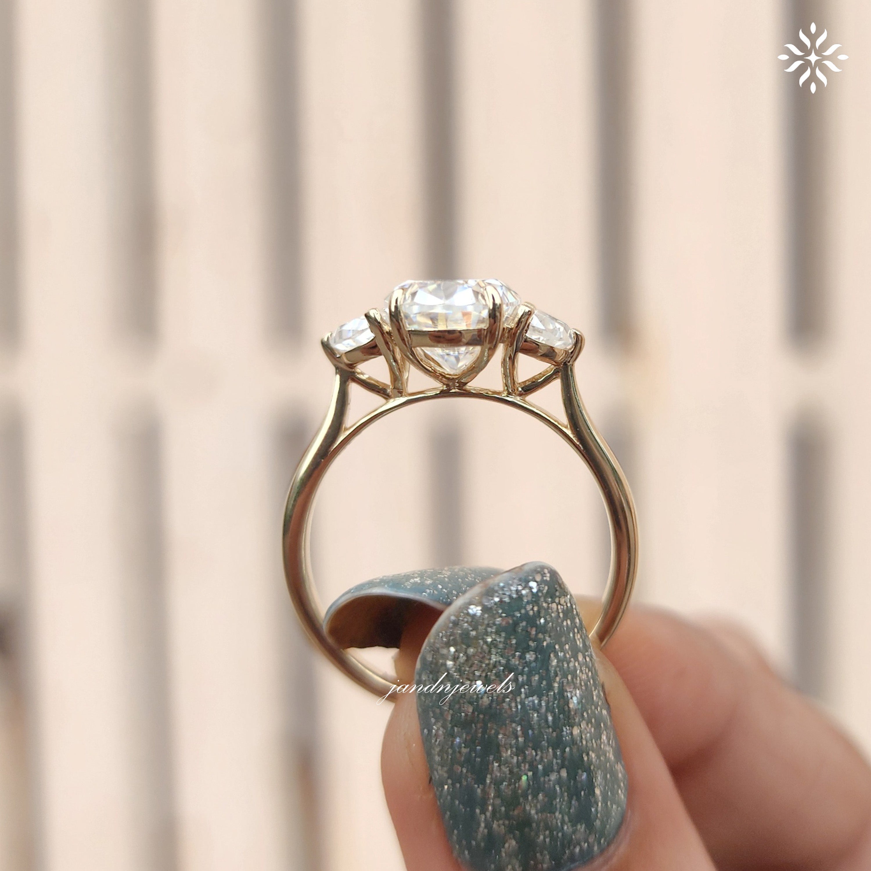 4CT Oval Cut Moissanite Engagement Ring Three Stone Half Moon Ring