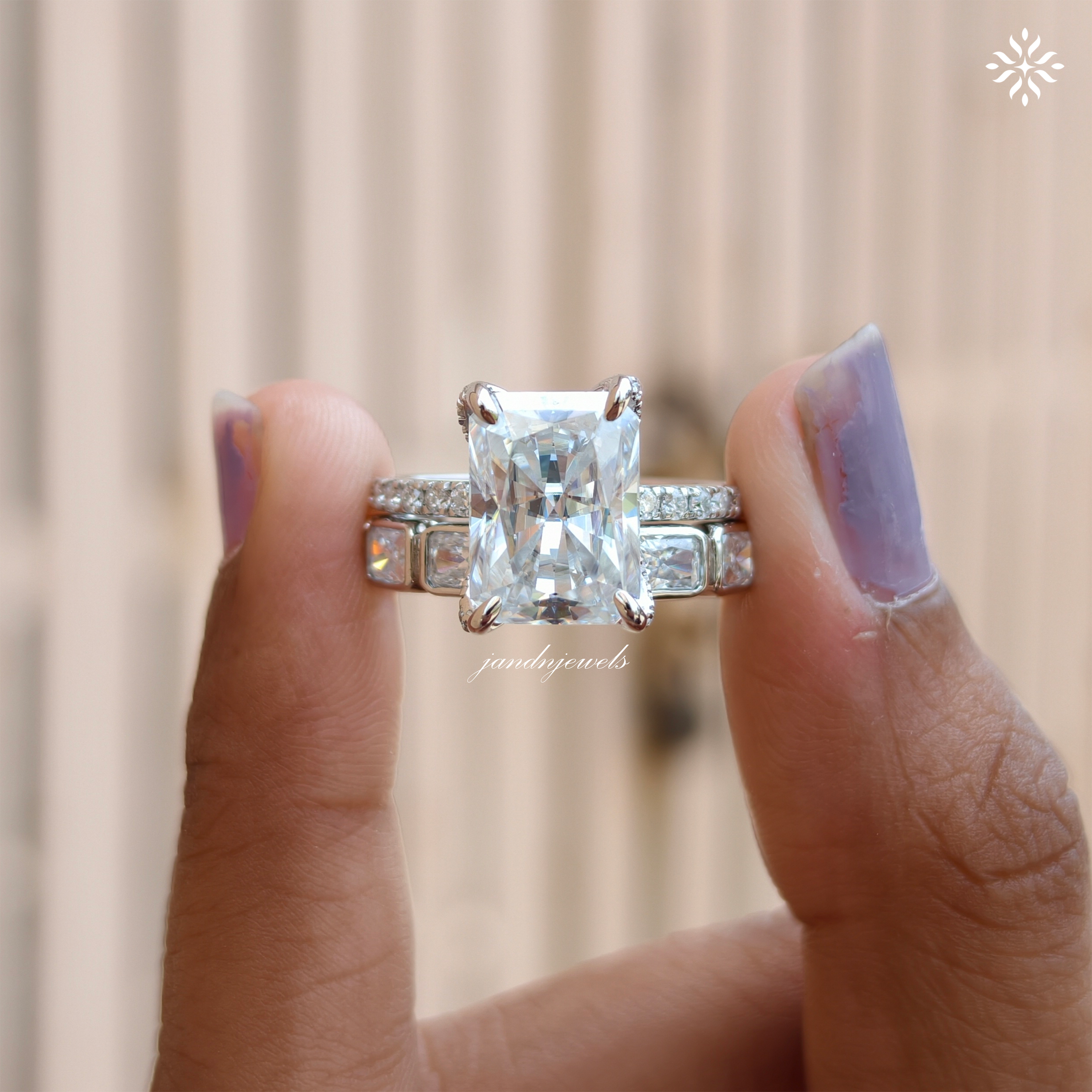 Radiant Cut Moissanite Bridal Set For Women Horizontal Radiant Cut Matching Full Eternity Band Hidden Halo Promise Ring Set Bridal Ring Set